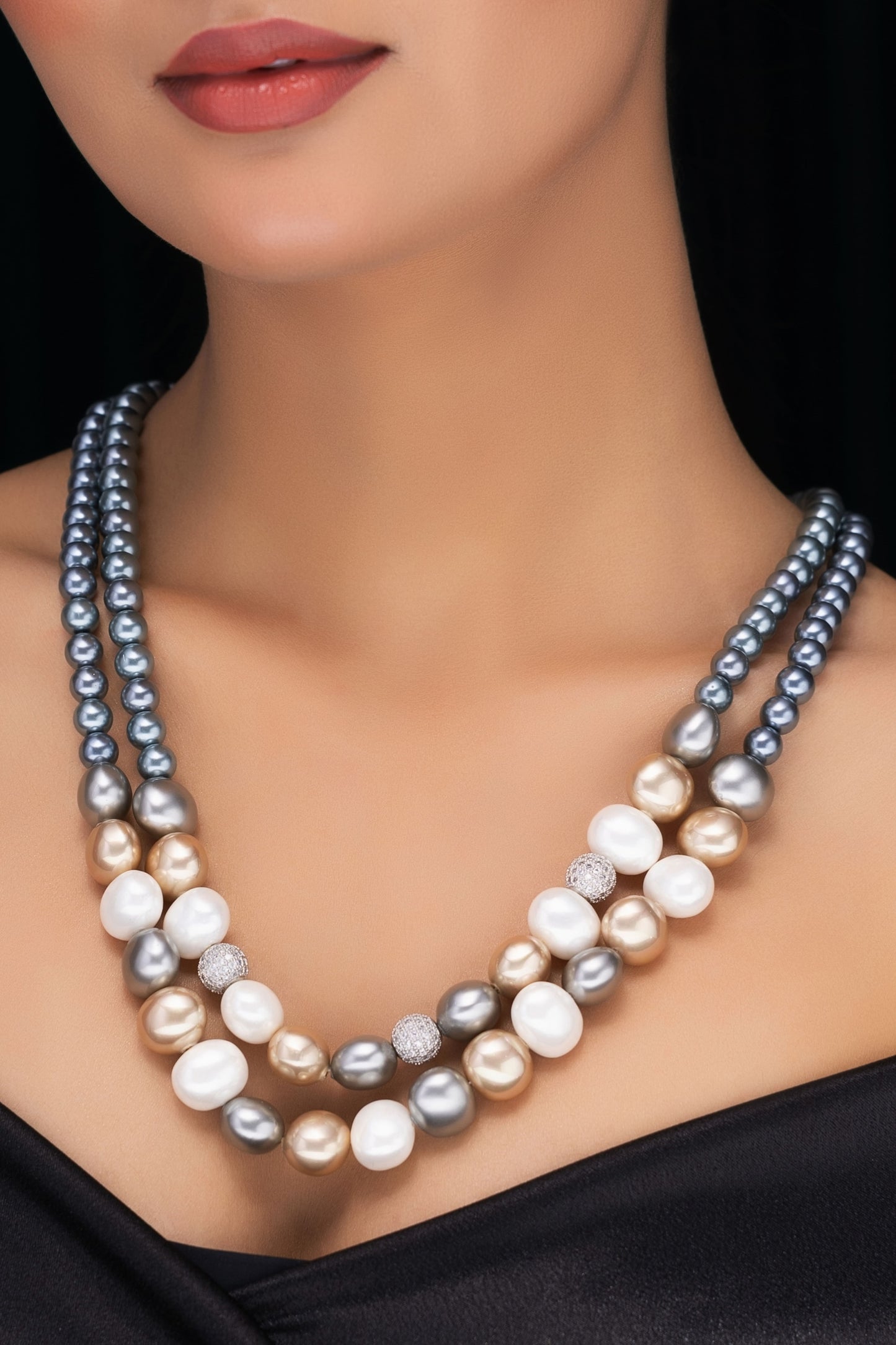 GREY SHELL PEARLS AND CRYSTAL DOUBLE LINE NECKLACE