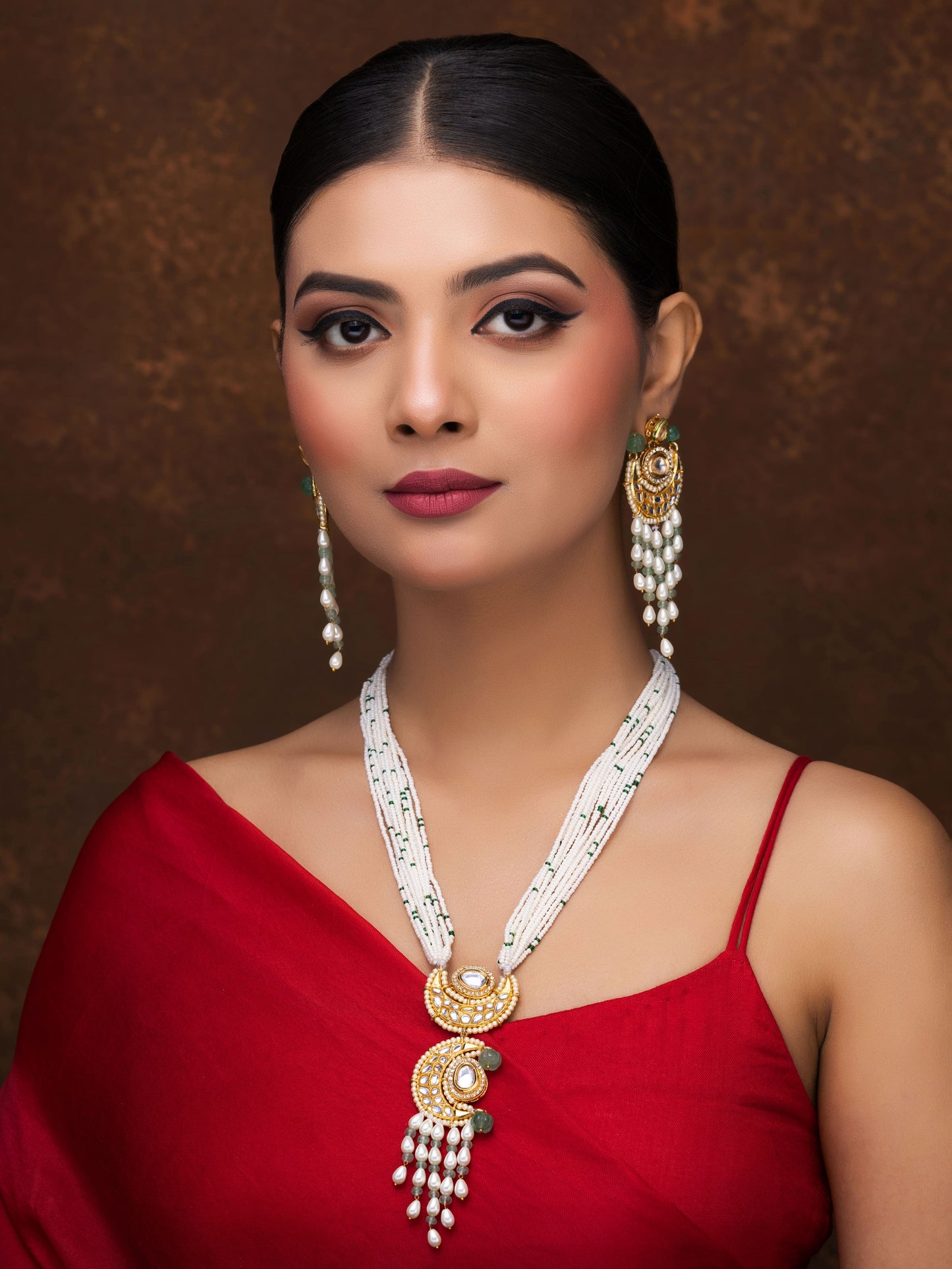 POLKI AND PEARL LONG NECKLACE WITH EARRINGS