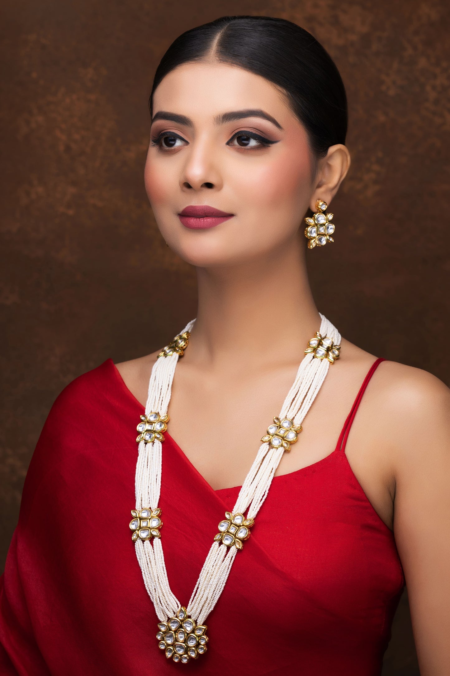 PEARL AND KUNDAN LONG NECKLACE WITH EARRINGS