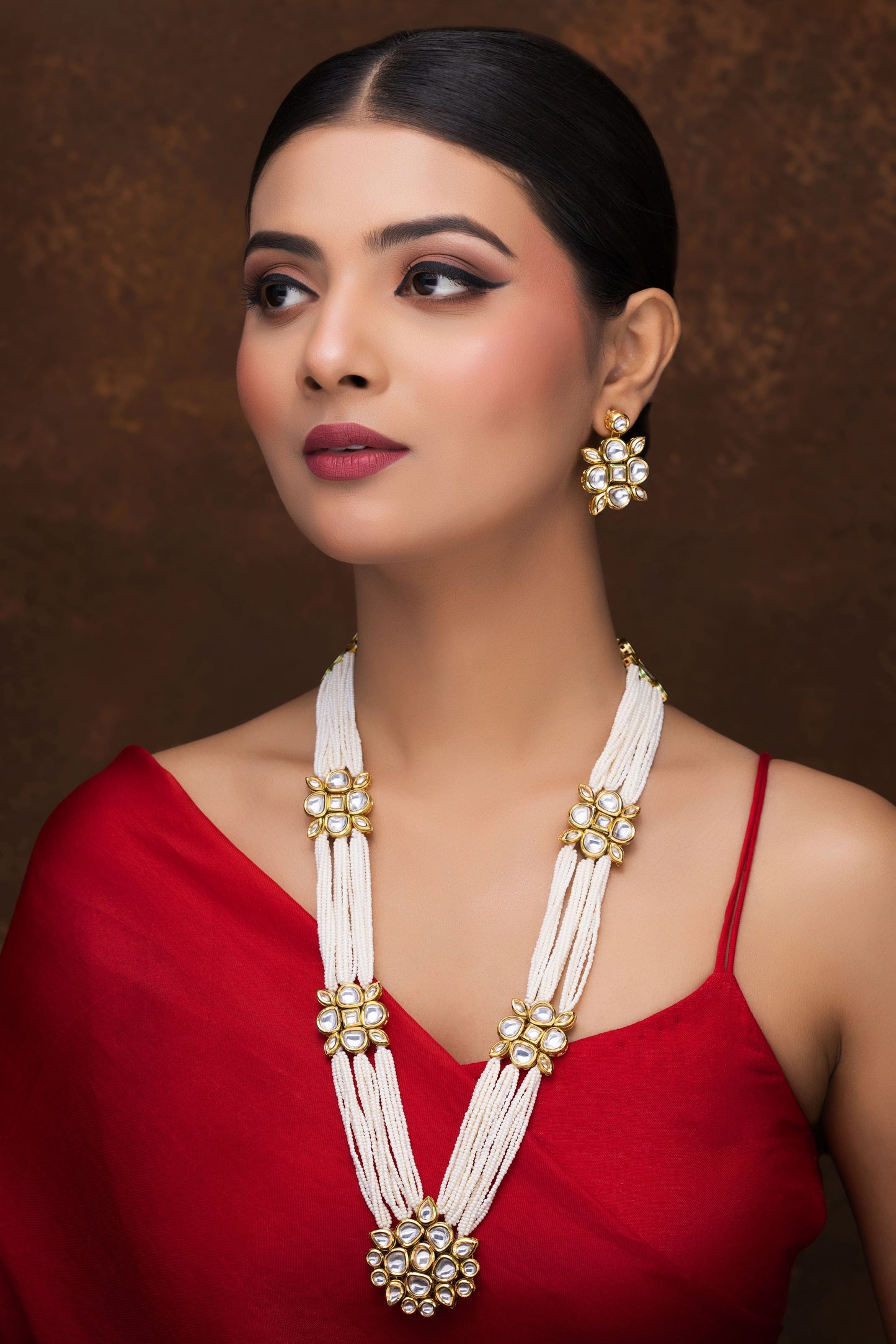 PEARL AND KUNDAN LONG NECKLACE WITH EARRINGS