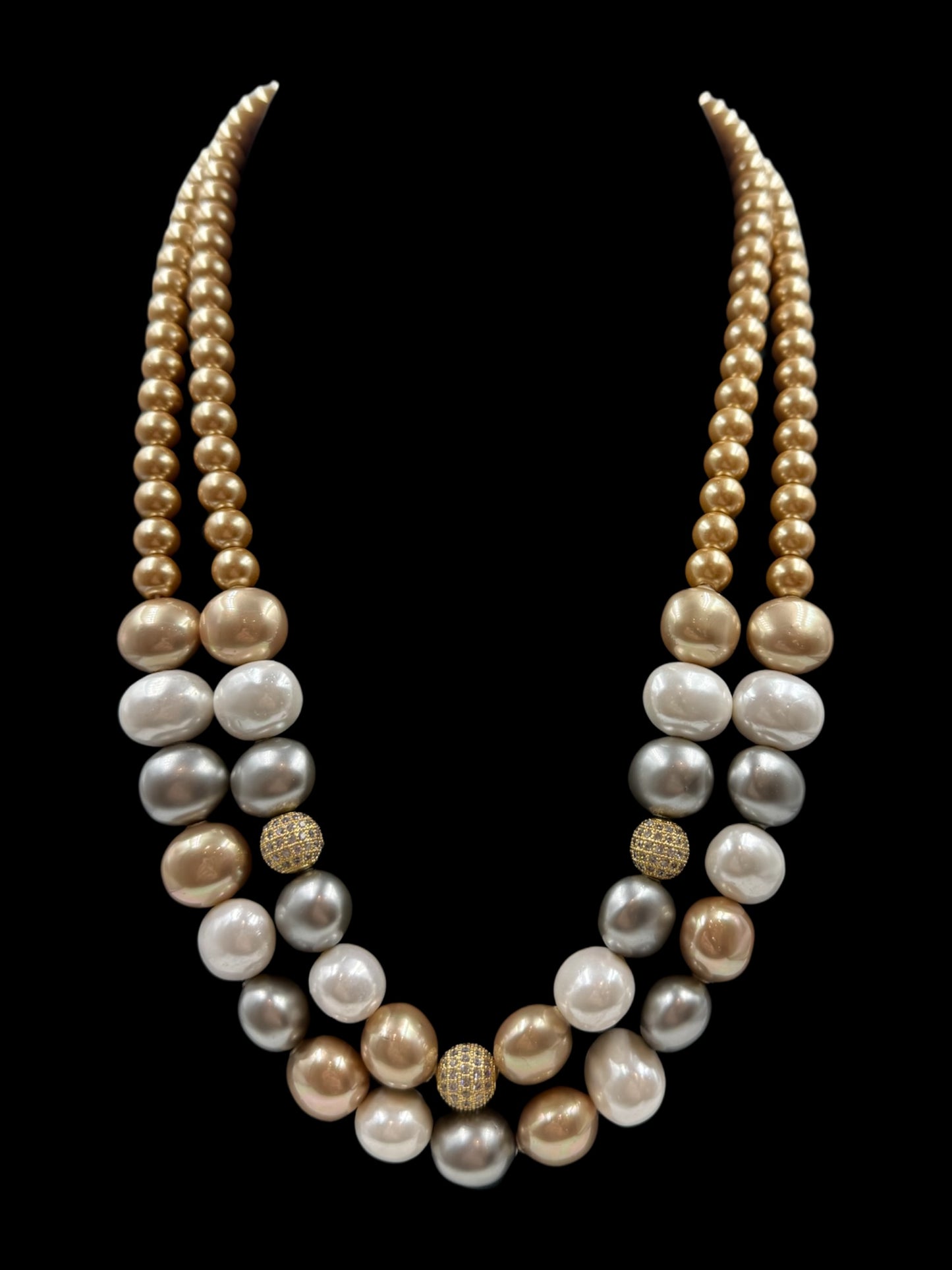 COPPER SHELL PEARLS AND CRYSTAL DOUBLE LINE NECKLACE