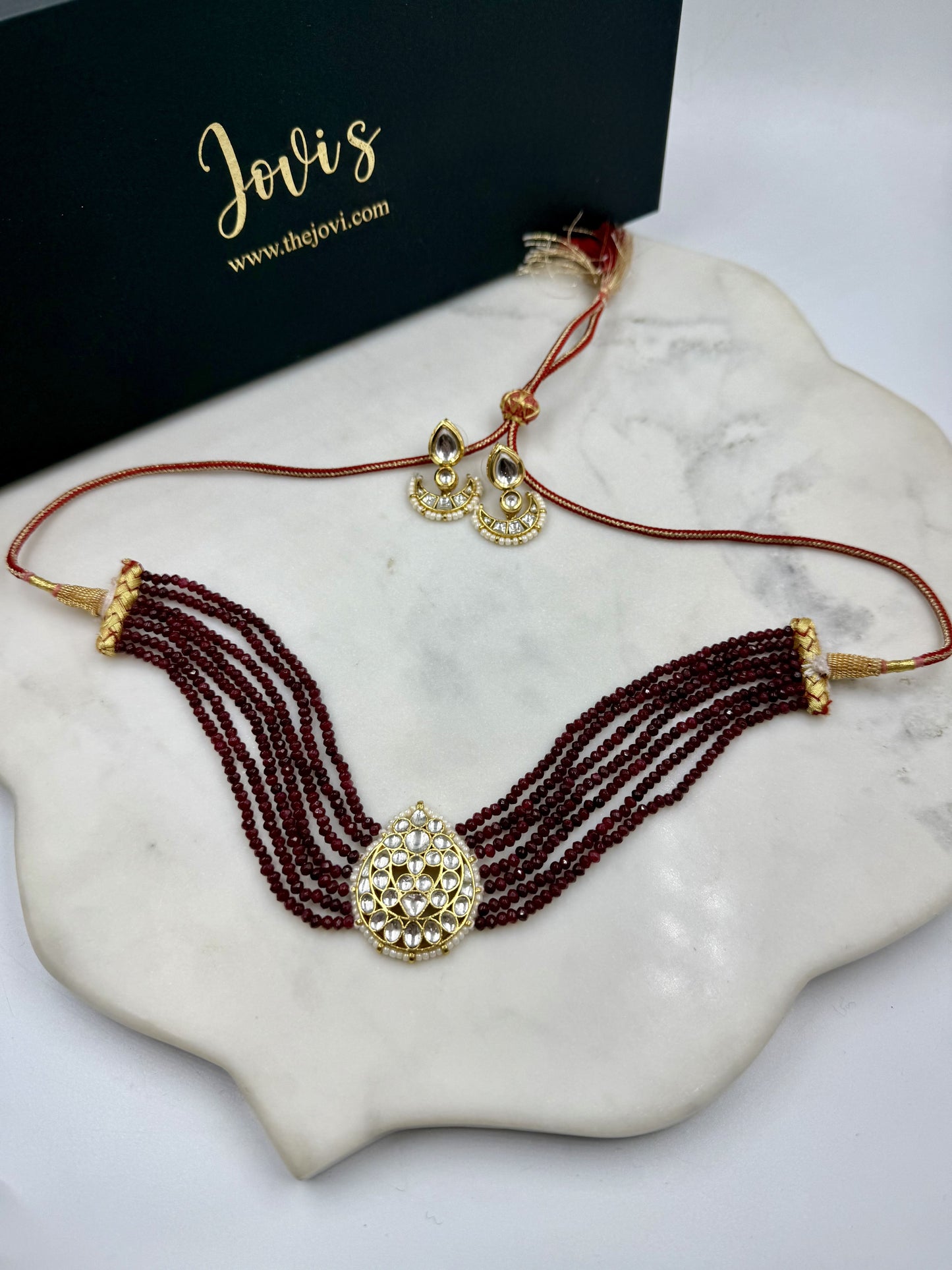 RED POLKI CHOKER WITH EARRINGS