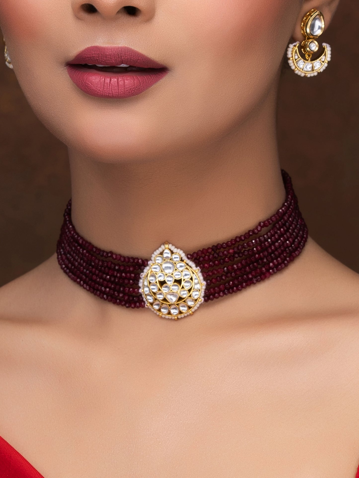 RED POLKI CHOKER WITH EARRINGS