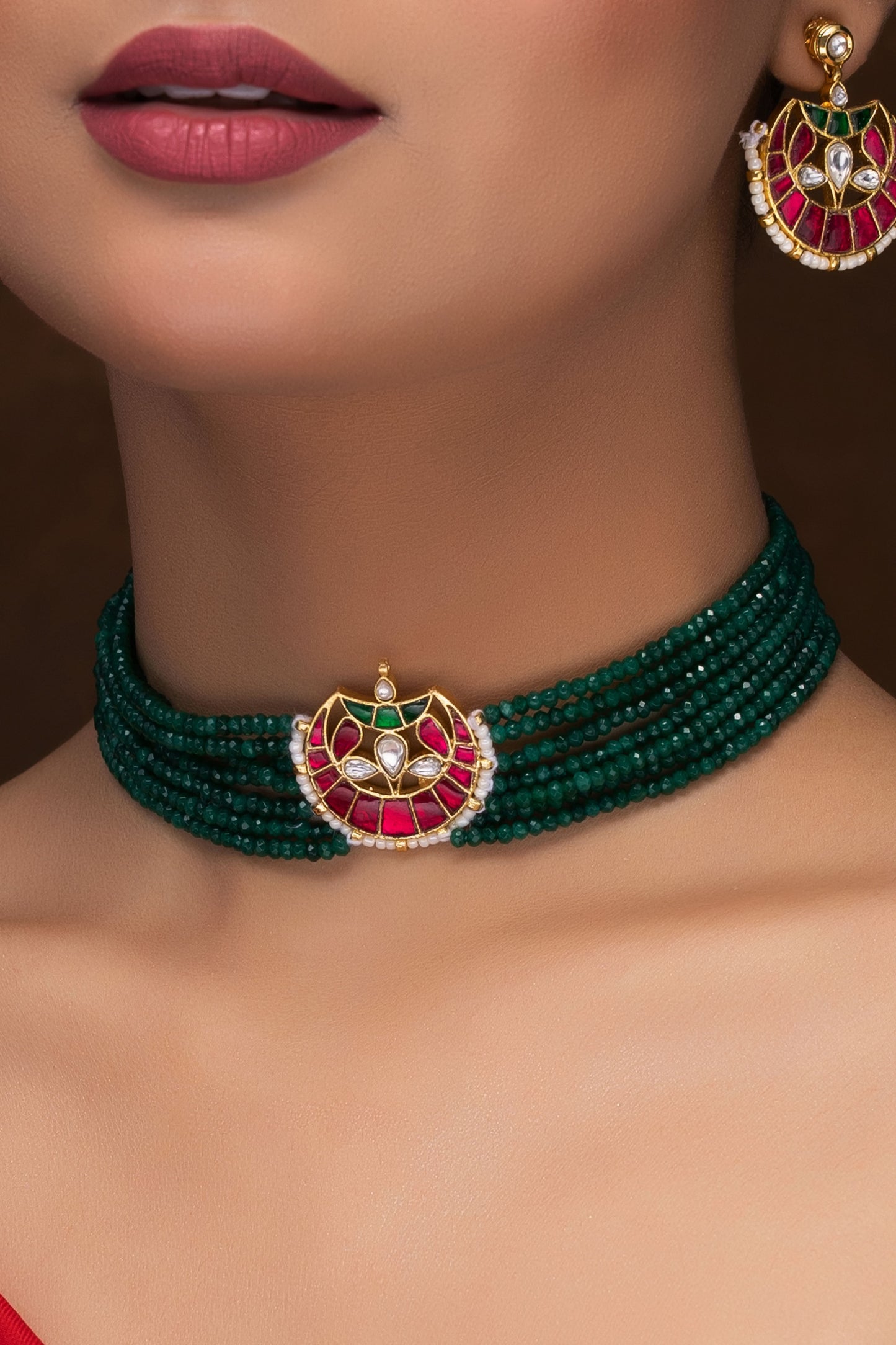 GREEN MEENAKARI CHOKER WITH EARRINGS