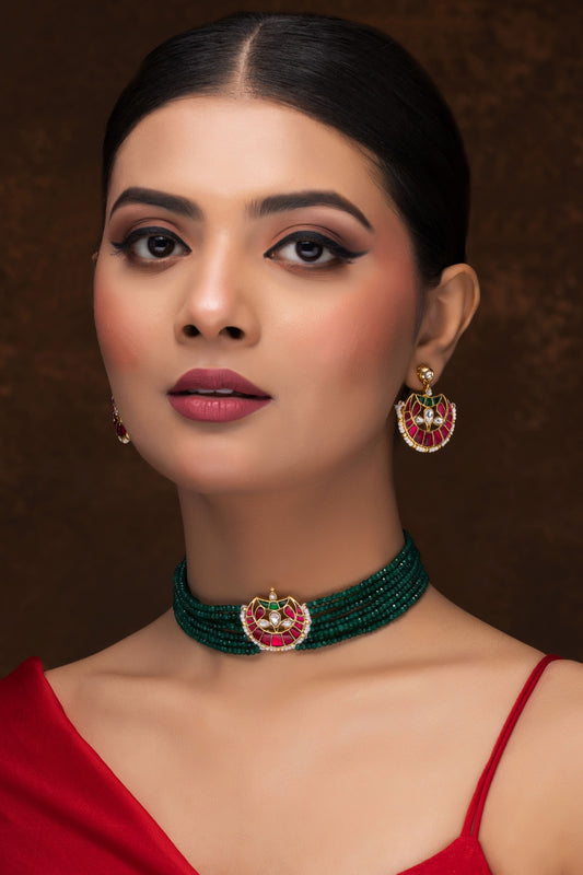 GREEN MEENAKARI CHOKER WITH EARRINGS