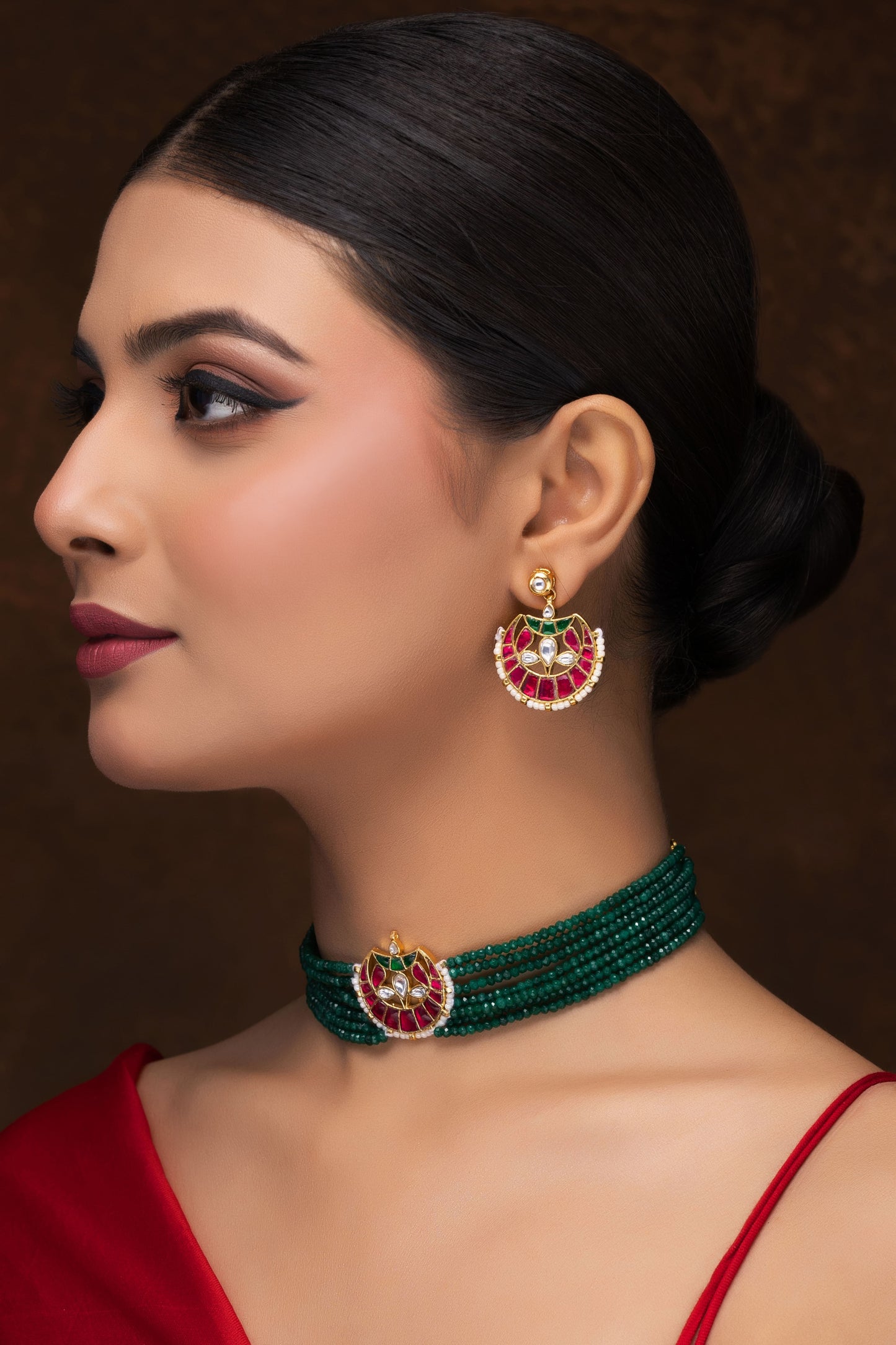 GREEN MEENAKARI CHOKER WITH EARRINGS