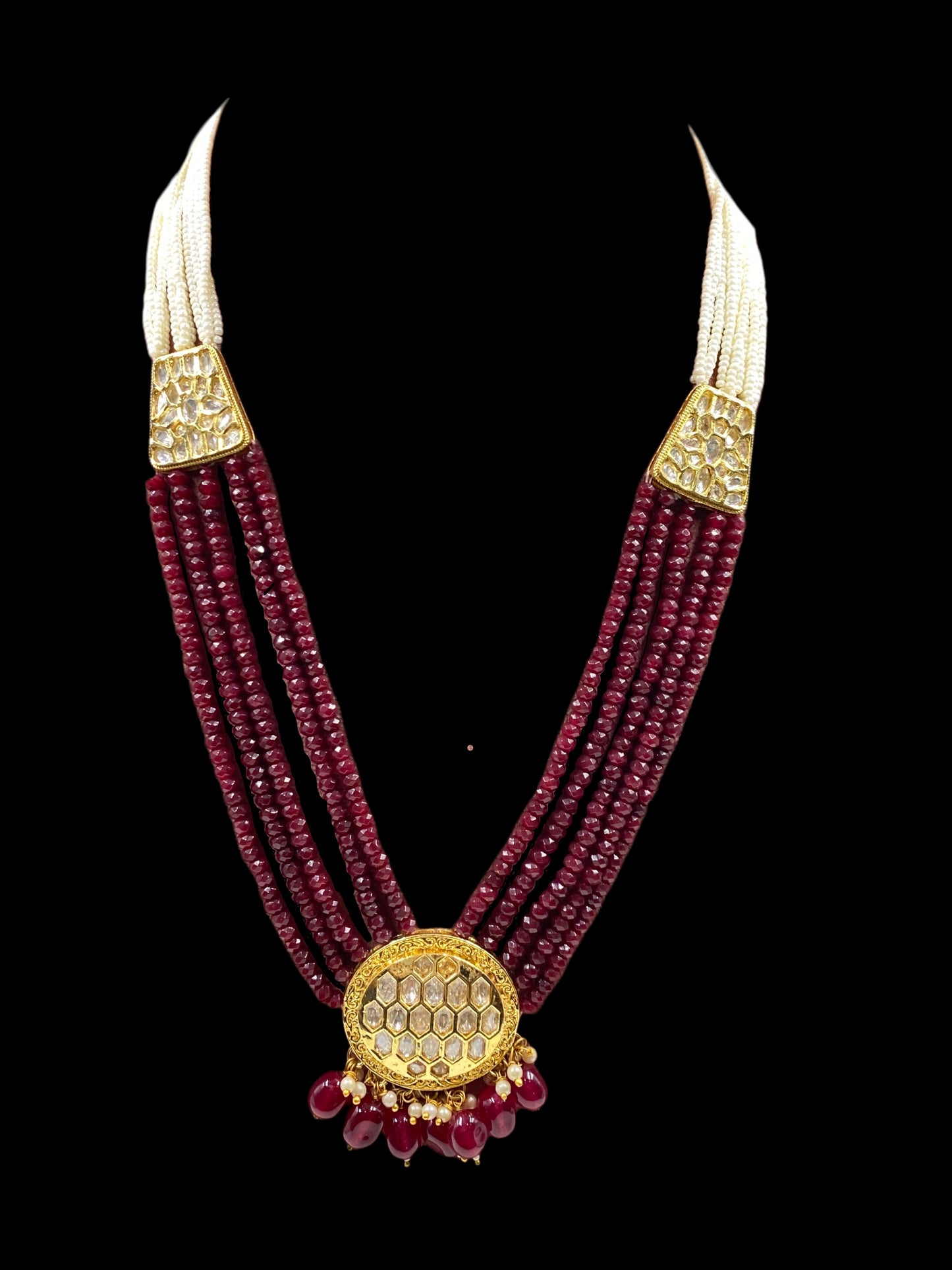 RED AND PEARL LONG POLKI NECKLACE WITH EARRINGS