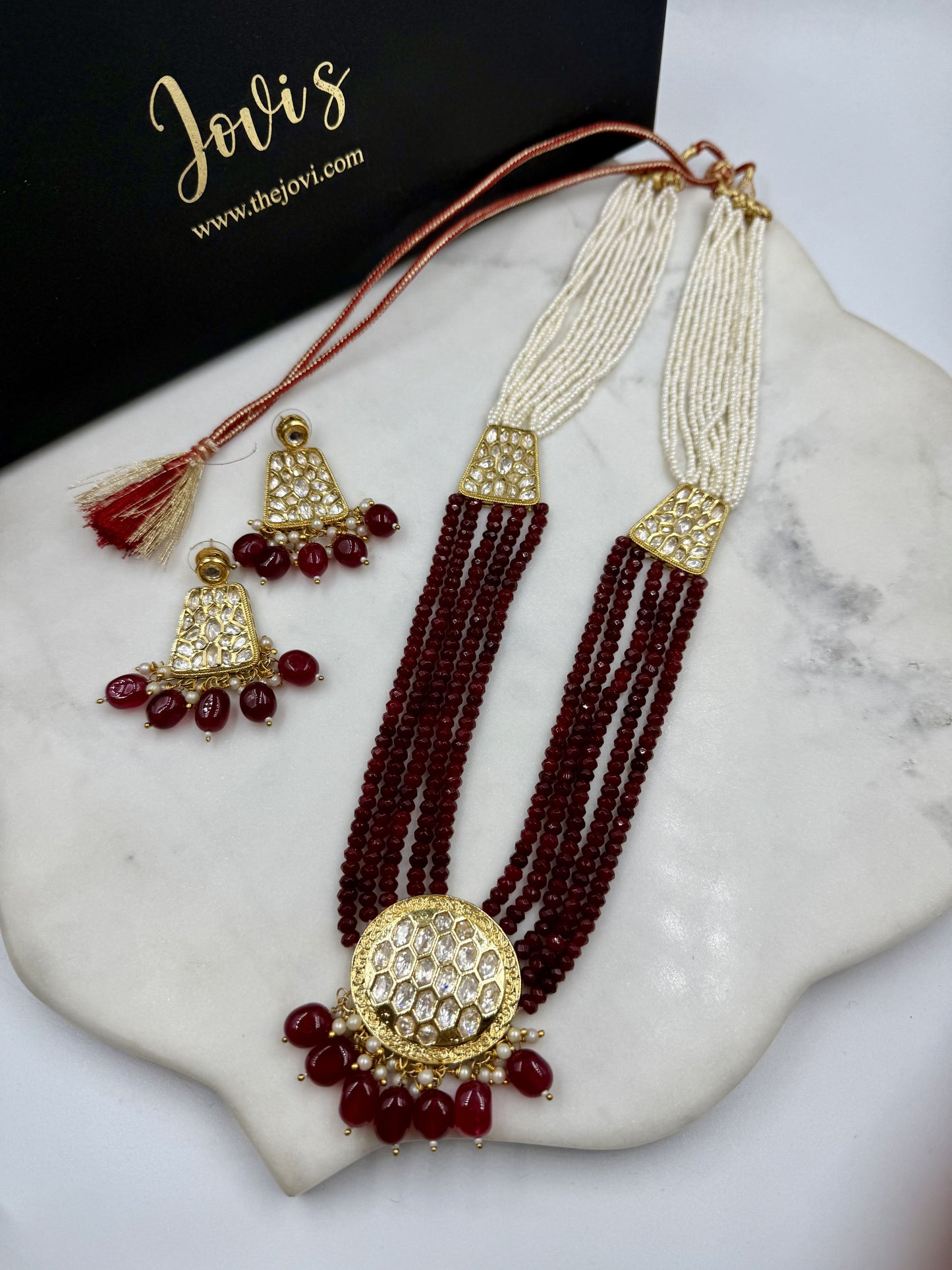 RED AND PEARL LONG POLKI NECKLACE WITH EARRINGS