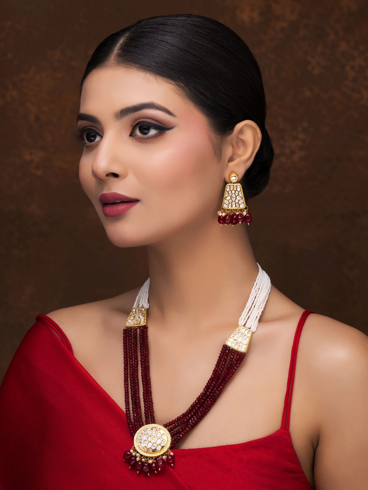 RED AND PEARL LONG POLKI NECKLACE WITH EARRINGS