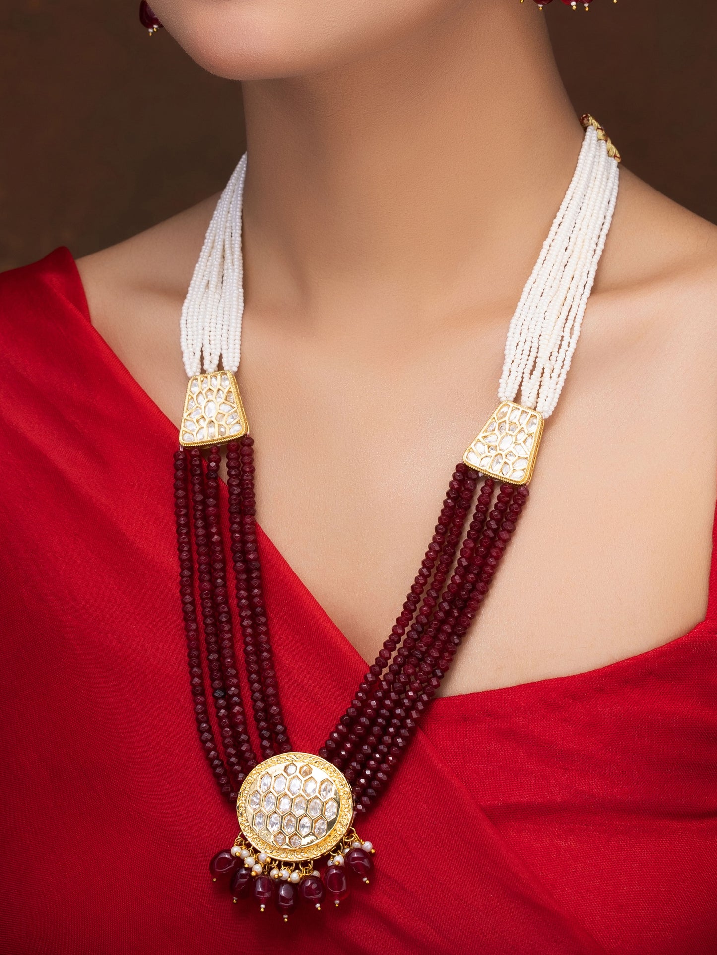 RED AND PEARL LONG POLKI NECKLACE WITH EARRINGS