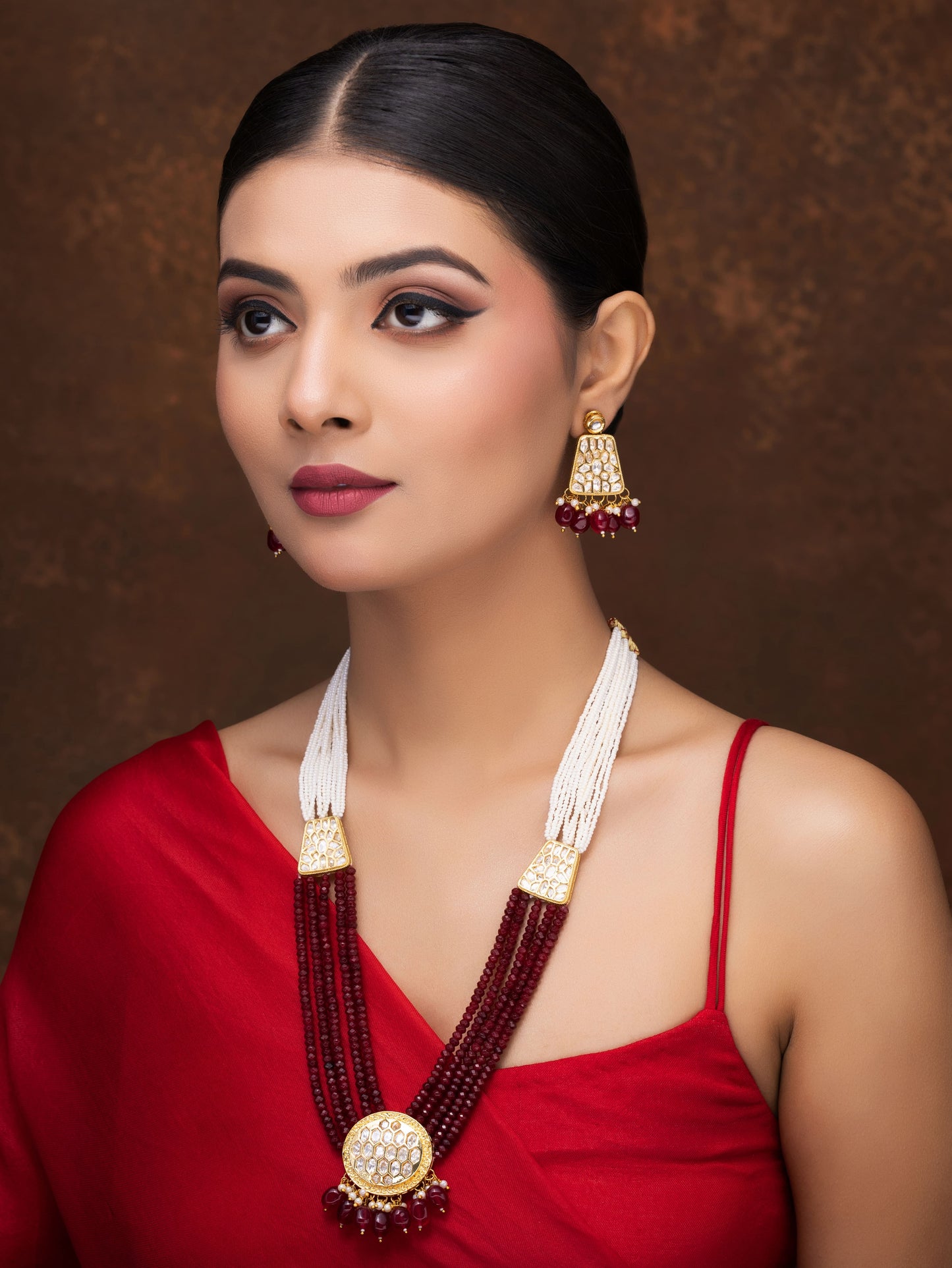 RED AND PEARL LONG POLKI NECKLACE WITH EARRINGS