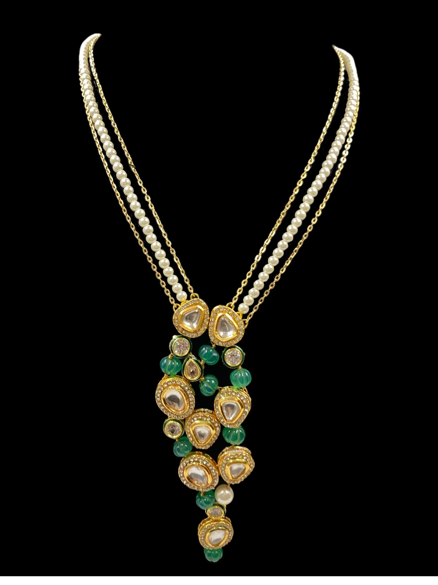 LONG POLKI AND GREEN MELON NECKLACE WITH EARRINGS