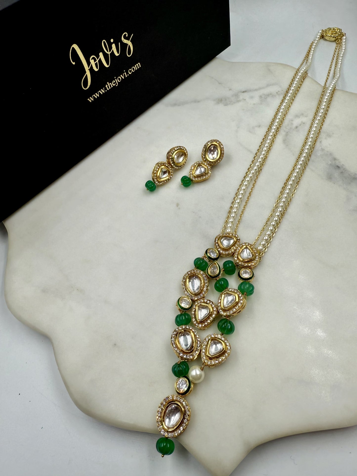 LONG POLKI AND GREEN MELON NECKLACE WITH EARRINGS