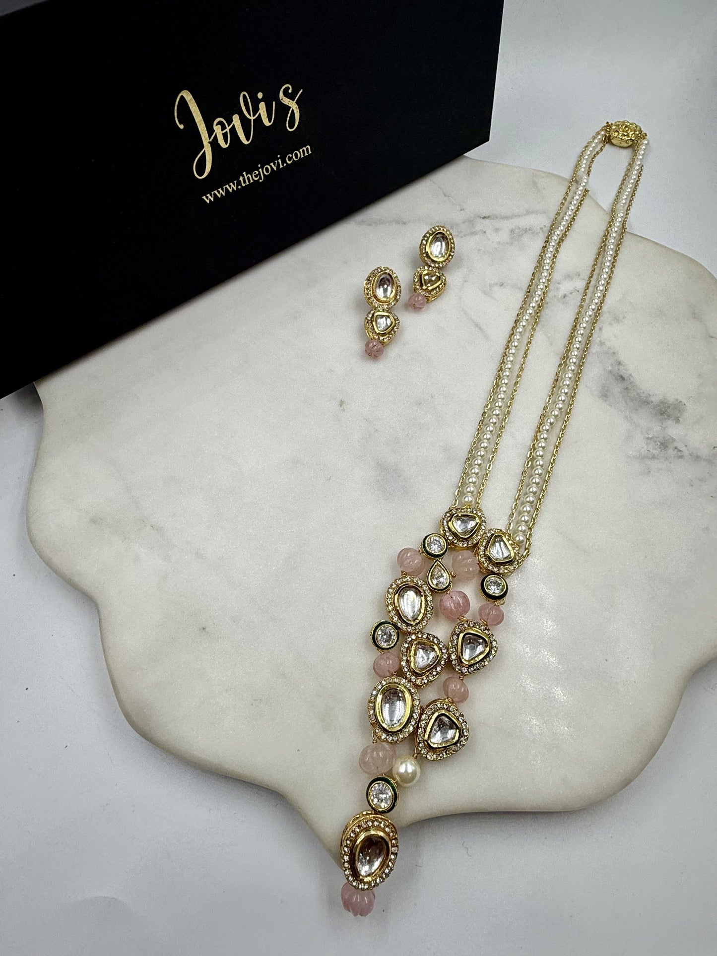 LONG POLKI AND PINK MELON NECKLACE WITH EARRINGS