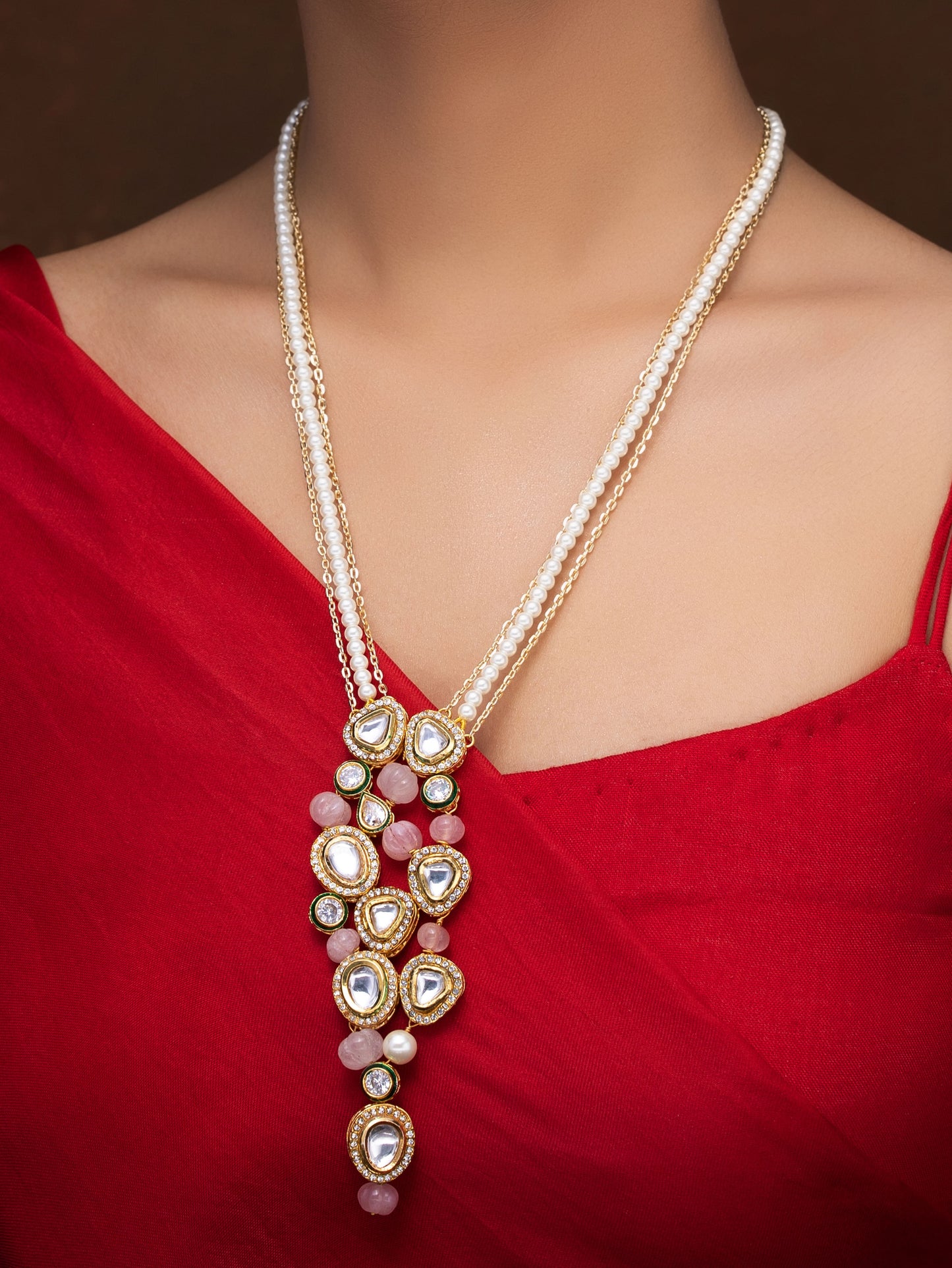 LONG POLKI AND PINK MELON NECKLACE WITH EARRINGS