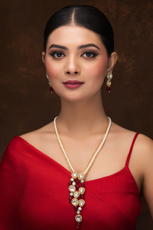 LONG POLKI AND RED QUARTZ NECKLACE WITH EARRINGS