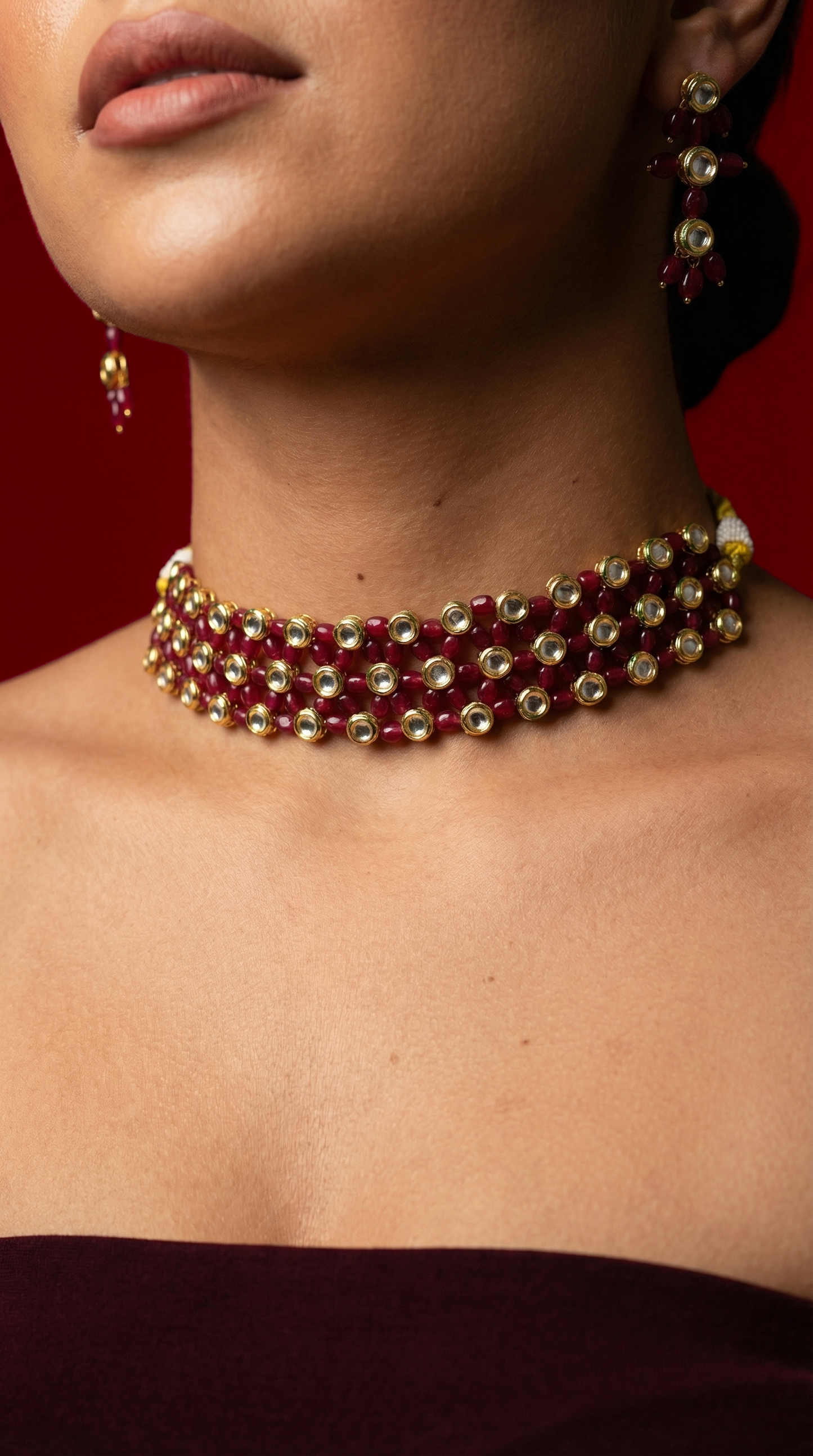 RED QUARTZ & KUNDAN CHOKER WITH EARRINGS