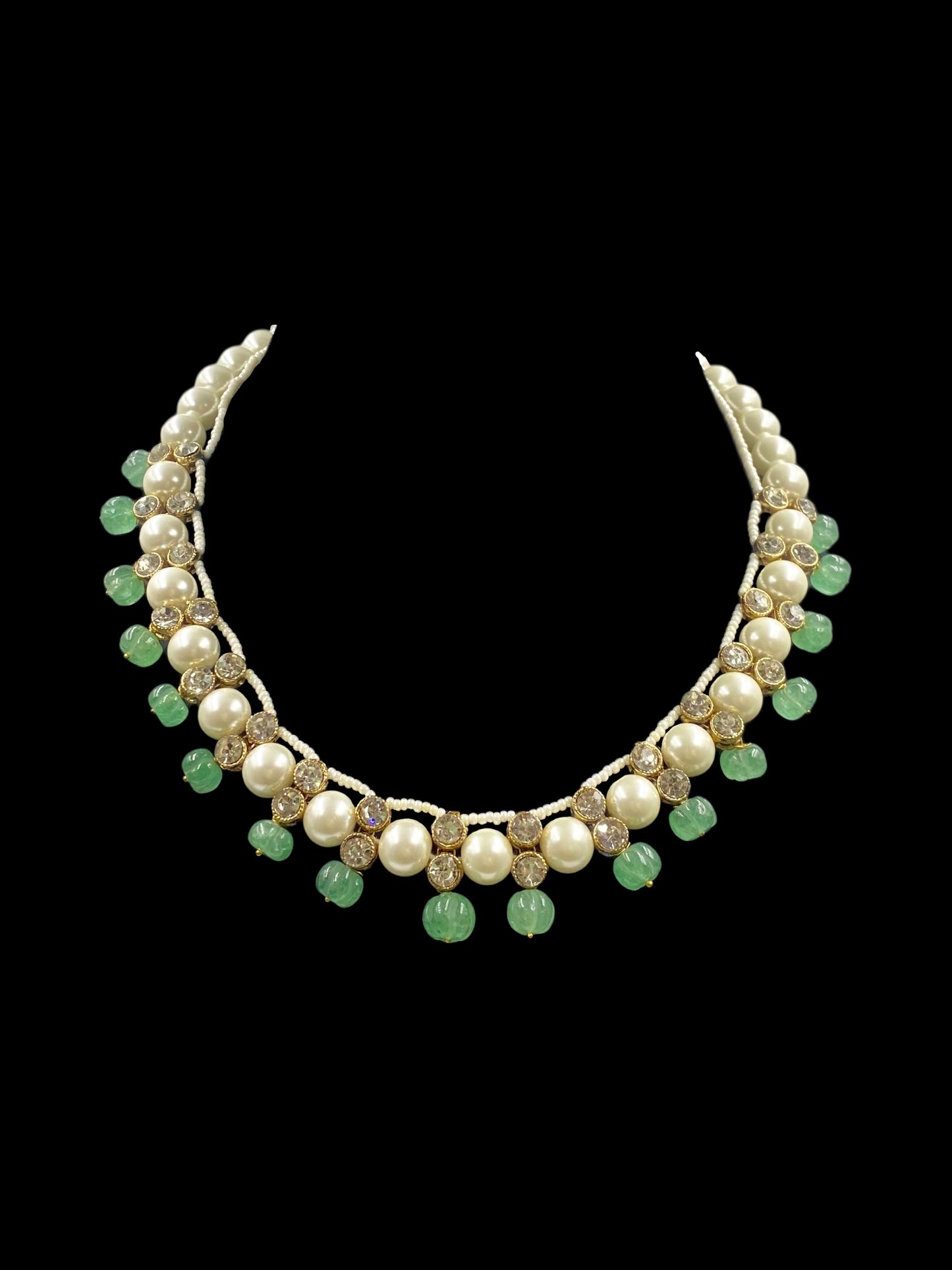 WHITE SHELL PEARL AND GREEN BEADS POLKI NECKLACE WITH EARRINGS