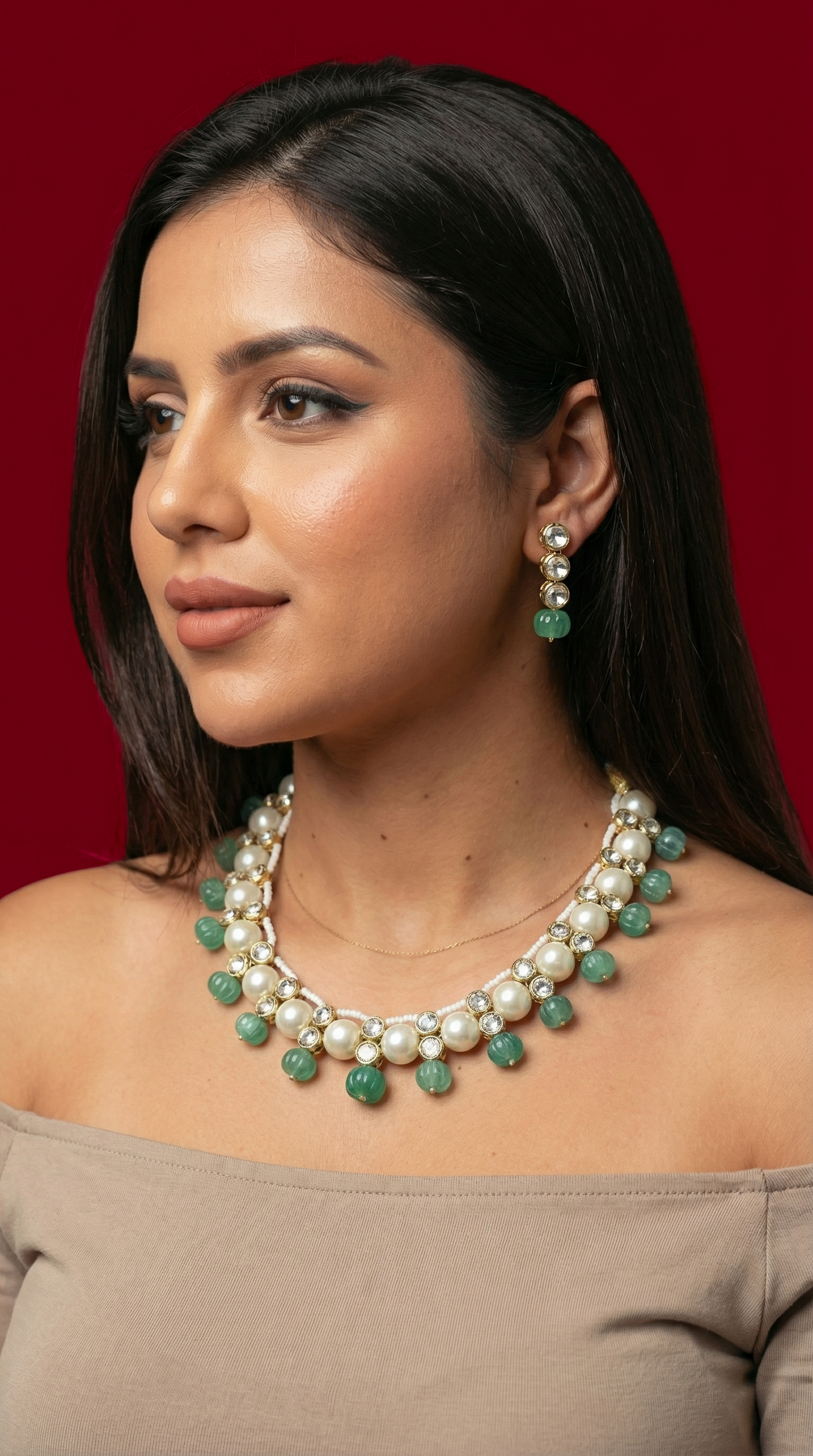 WHITE SHELL PEARL AND GREEN BEADS POLKI NECKLACE WITH EARRINGS