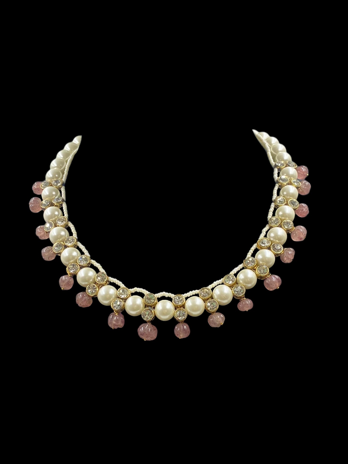 WHITE SHELL PEARL AND PINK BEADS POLKI NECKLACE WITH EARRINGS