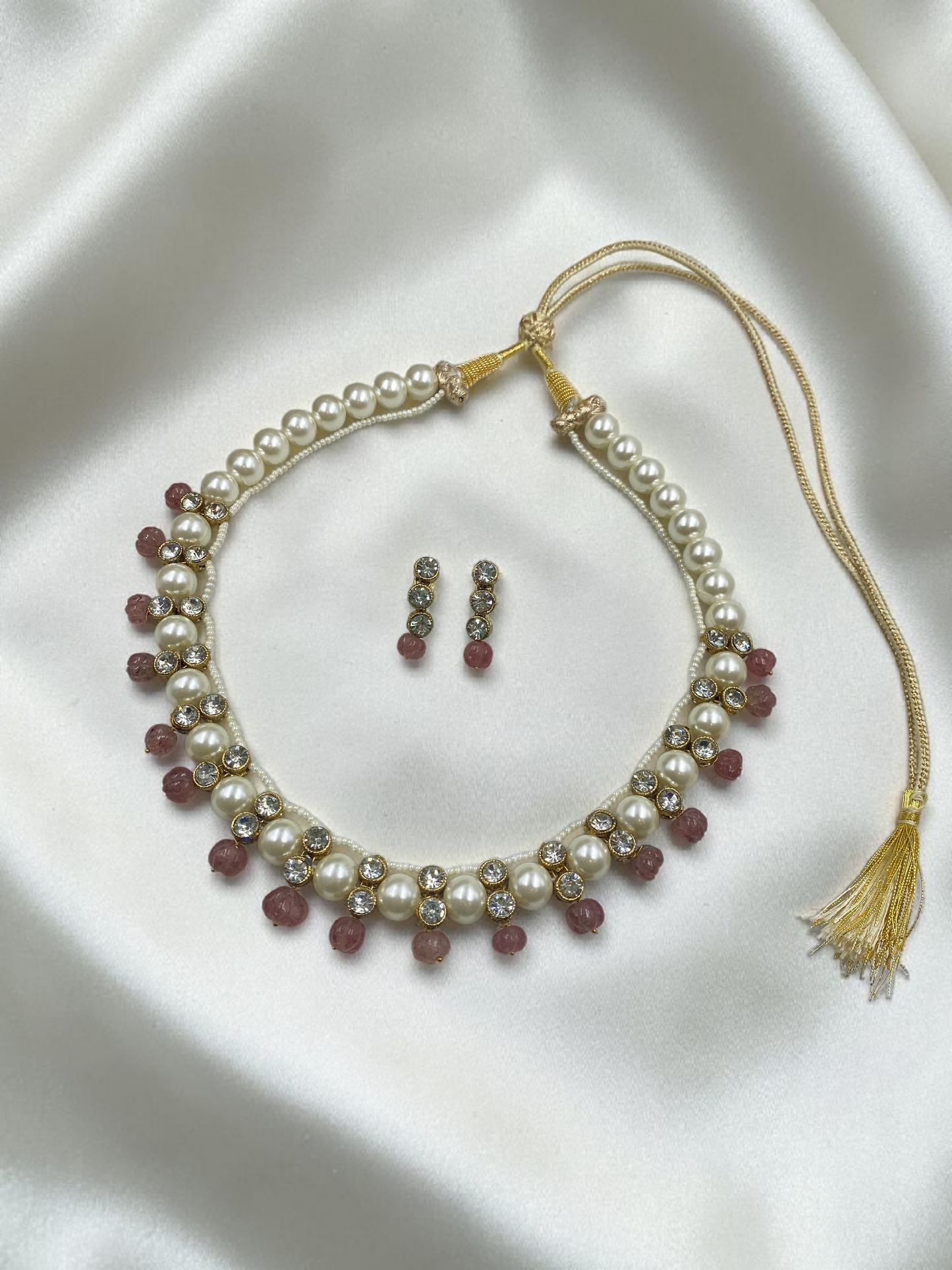 WHITE SHELL PEARL AND PINK BEADS POLKI NECKLACE WITH EARRINGS