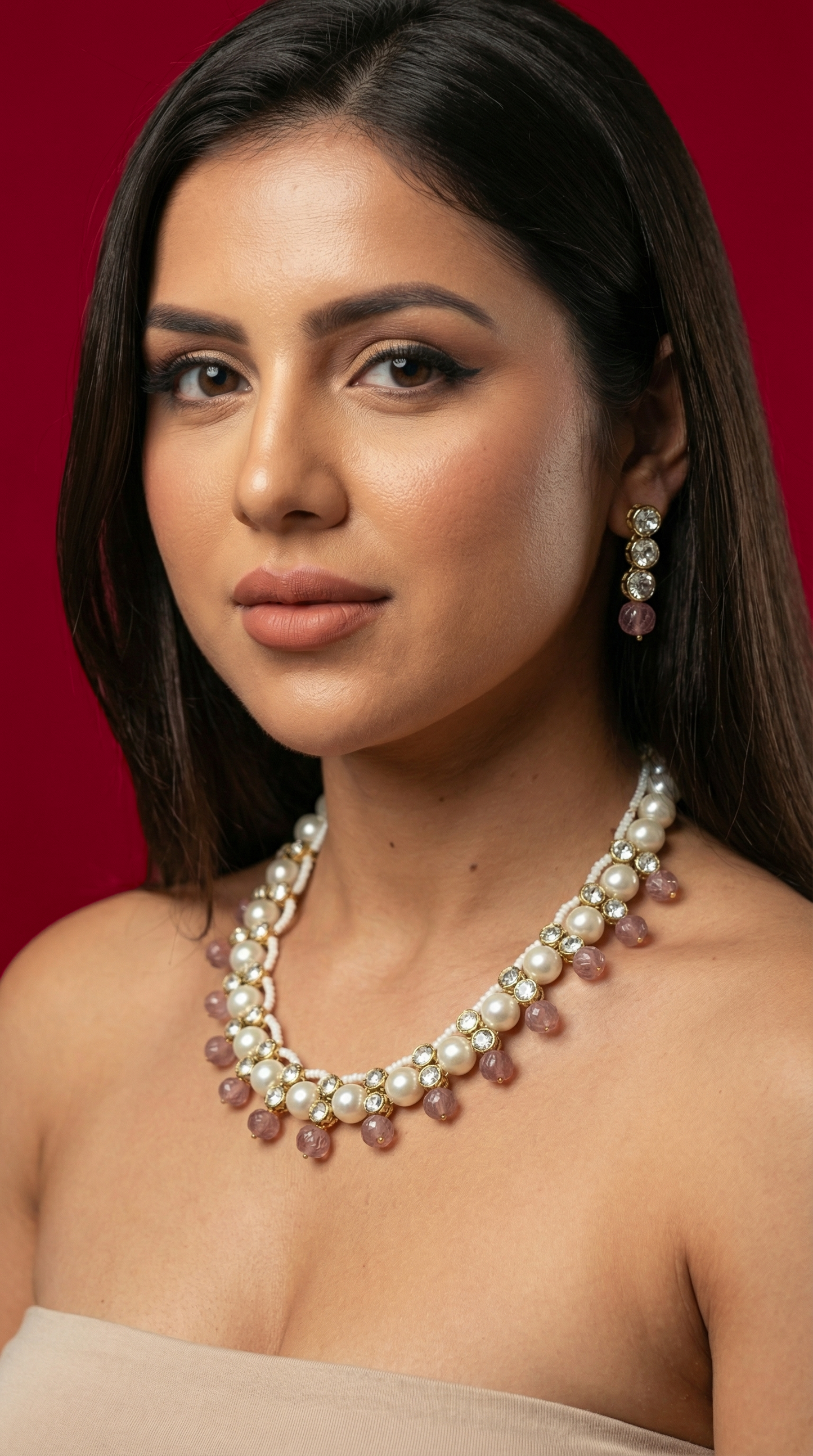 WHITE SHELL PEARL AND PINK BEADS POLKI NECKLACE WITH EARRINGS