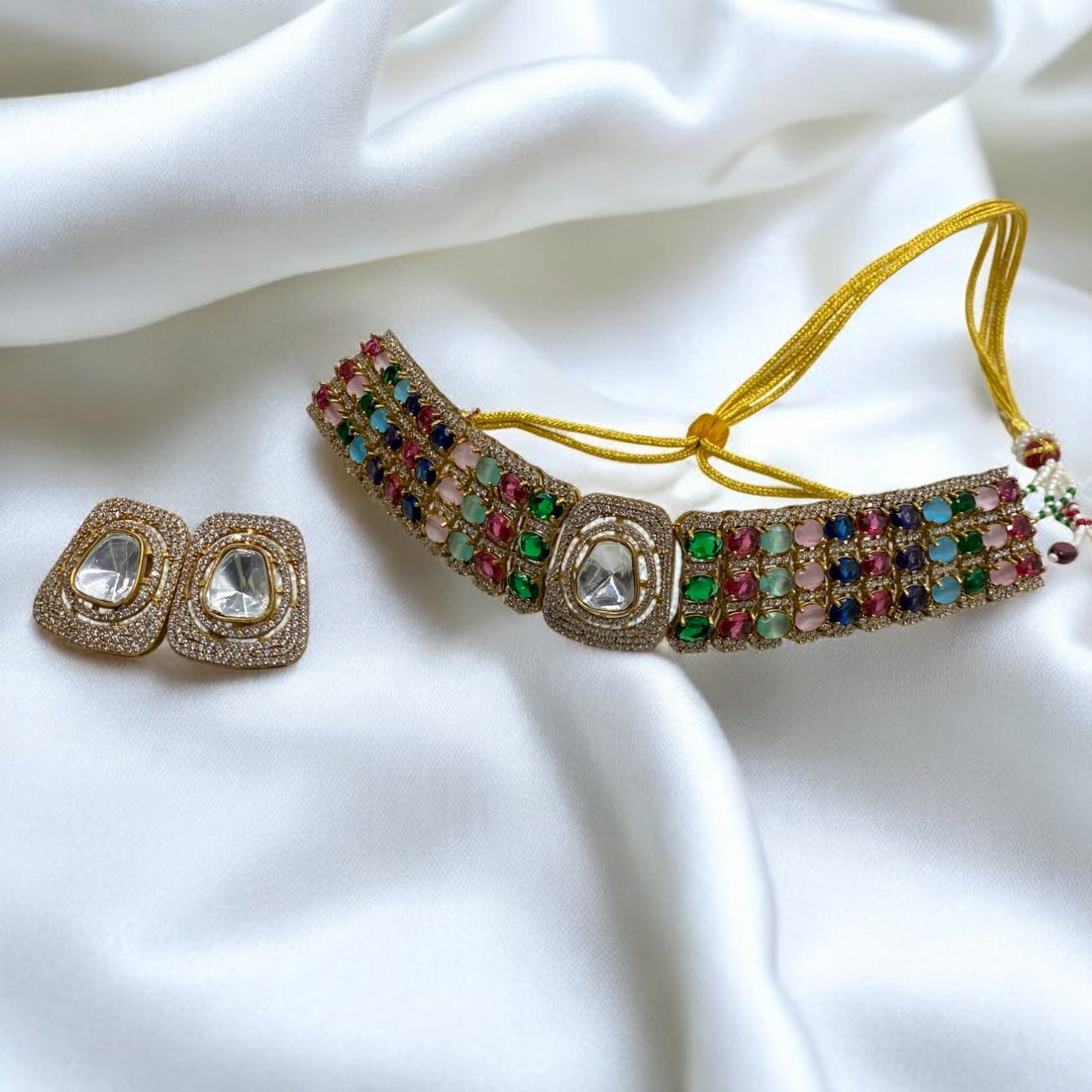 Rajsi - Multicolor Polki Choker Set With Earrings