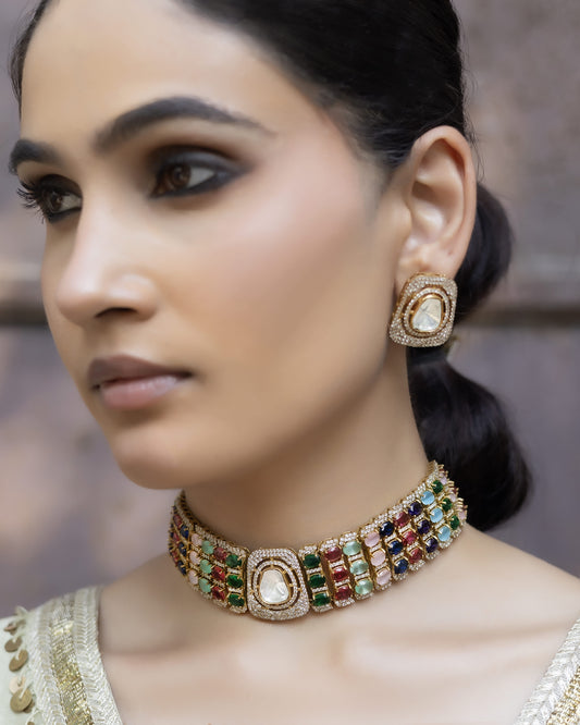 Rajsi - Multicolor Polki Choker Set With Earrings