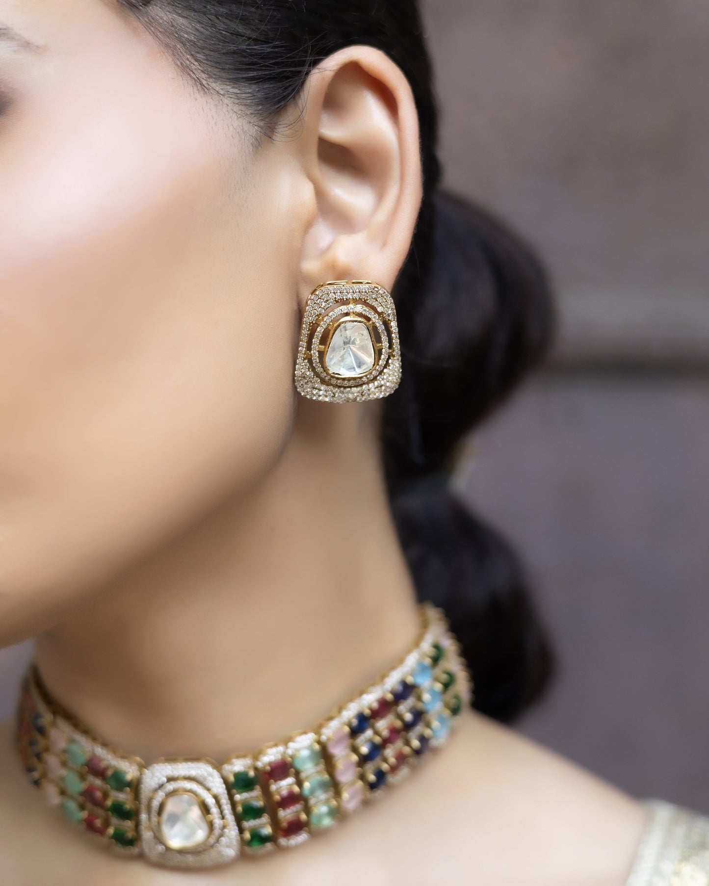 Rajsi - Multicolor Polki Choker Set With Earrings