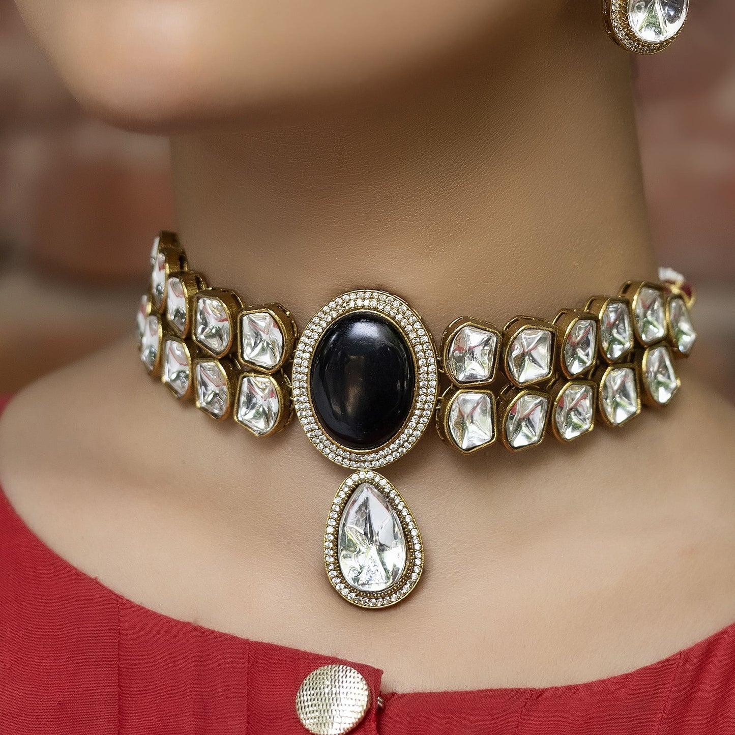Shahi - Black Polki Choker Set With Earrings