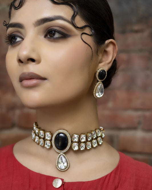 Shahi - Black Polki Choker Set With Earrings