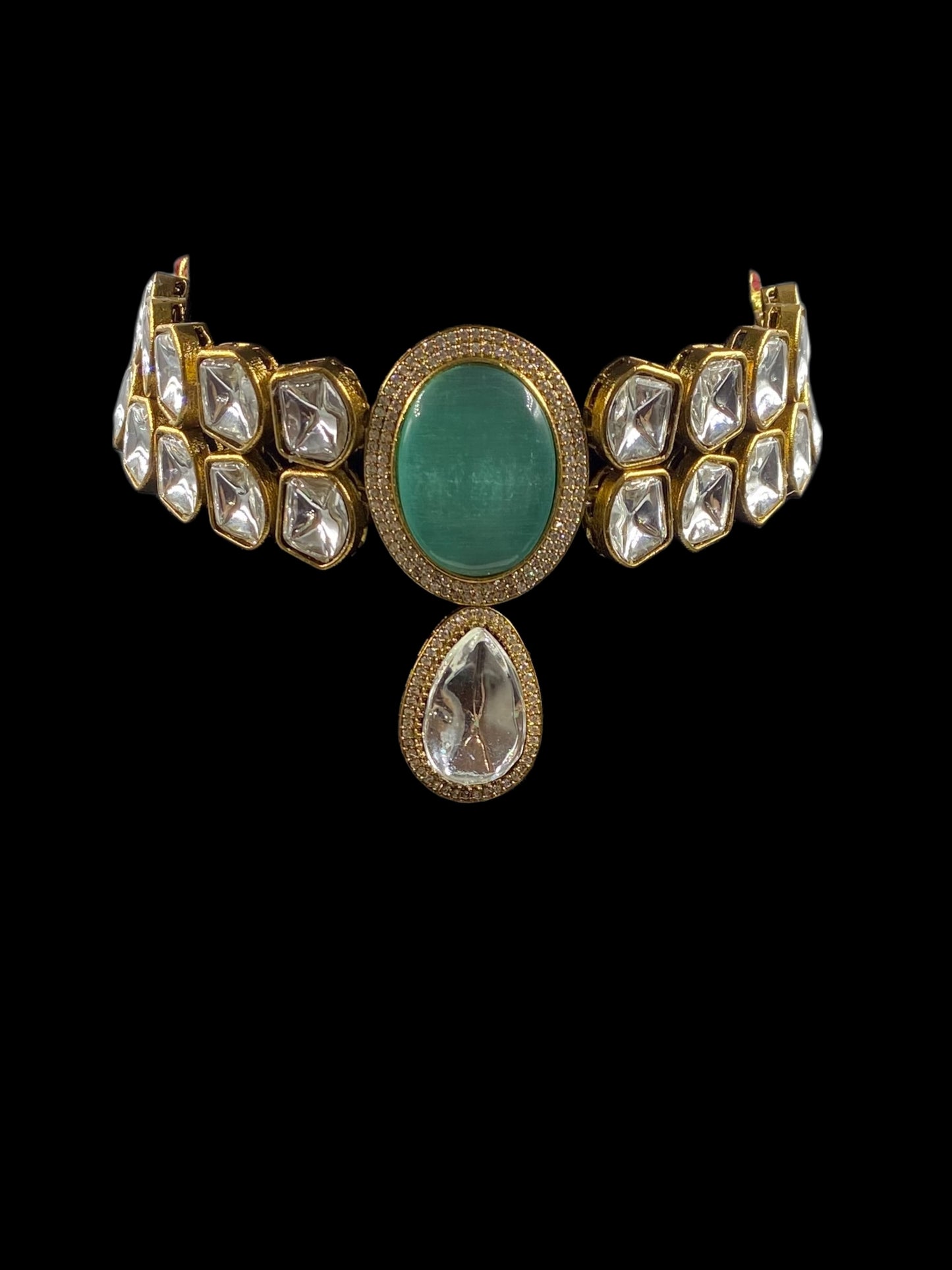 Shahi - Mint Green Polki Choker Set With Earrings