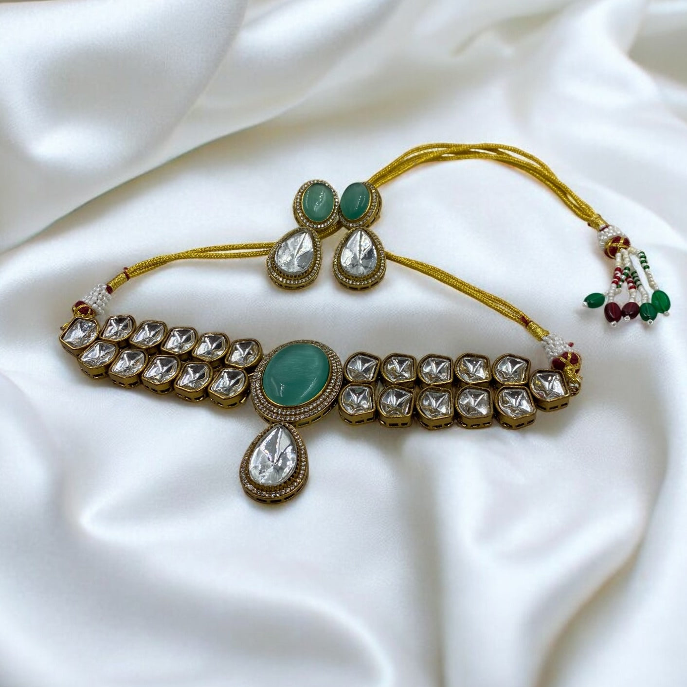 Shahi - Mint Green Polki Choker Set With Earrings