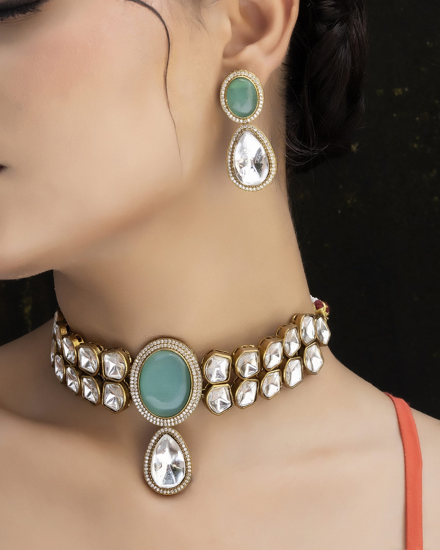 Shahi - Mint Green Polki Choker Set With Earrings