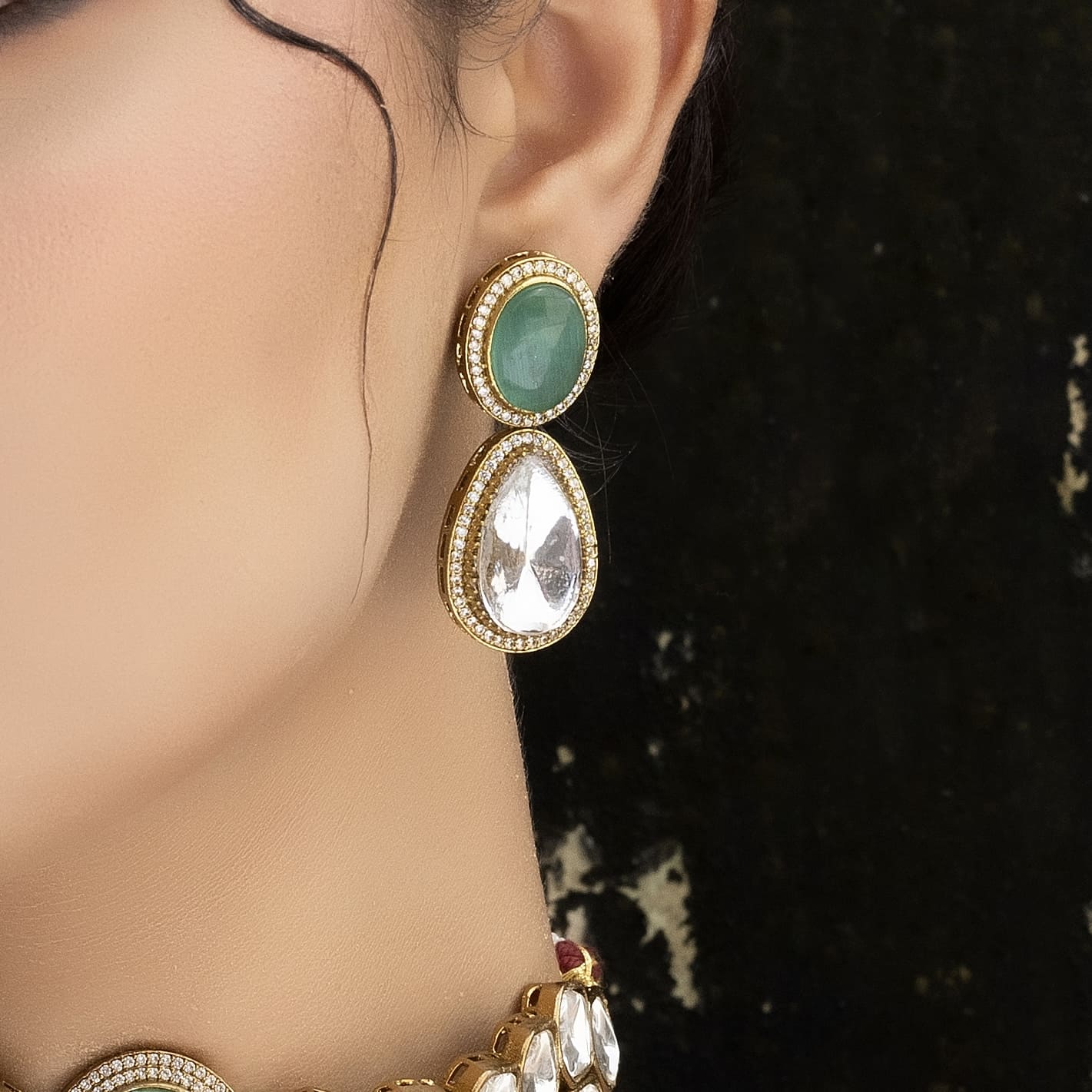 Shahi - Mint Green Polki Choker Set With Earrings