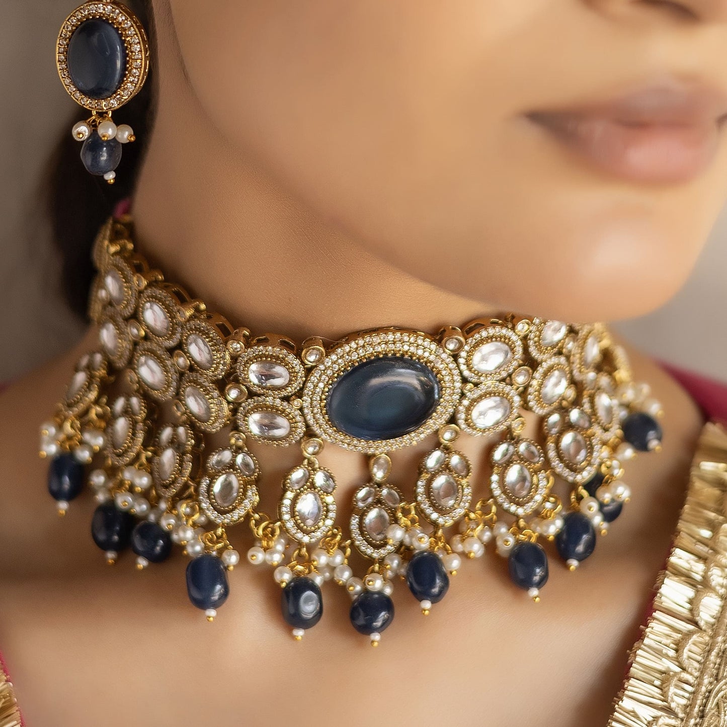 Rajput - Royal Blue Polki Choker Set