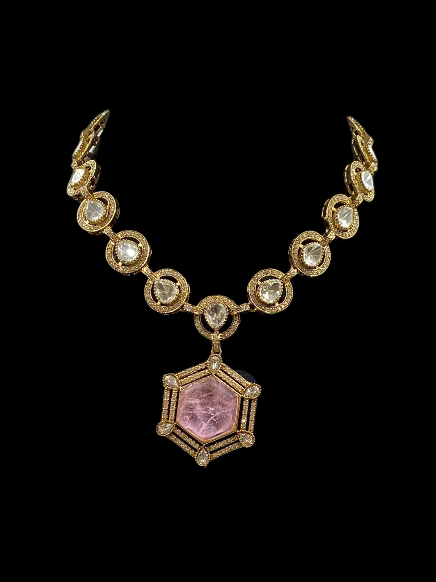 Rani - Rose Pink Long Polki Set With Earrings