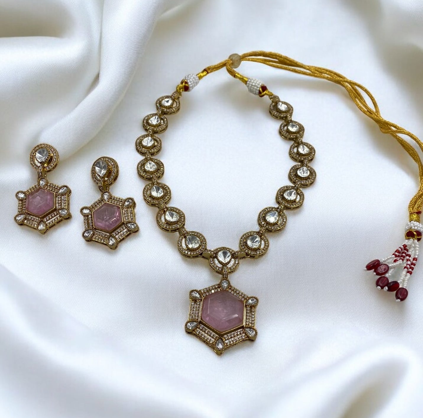 Rani - Rose Pink Long Polki Set With Earrings