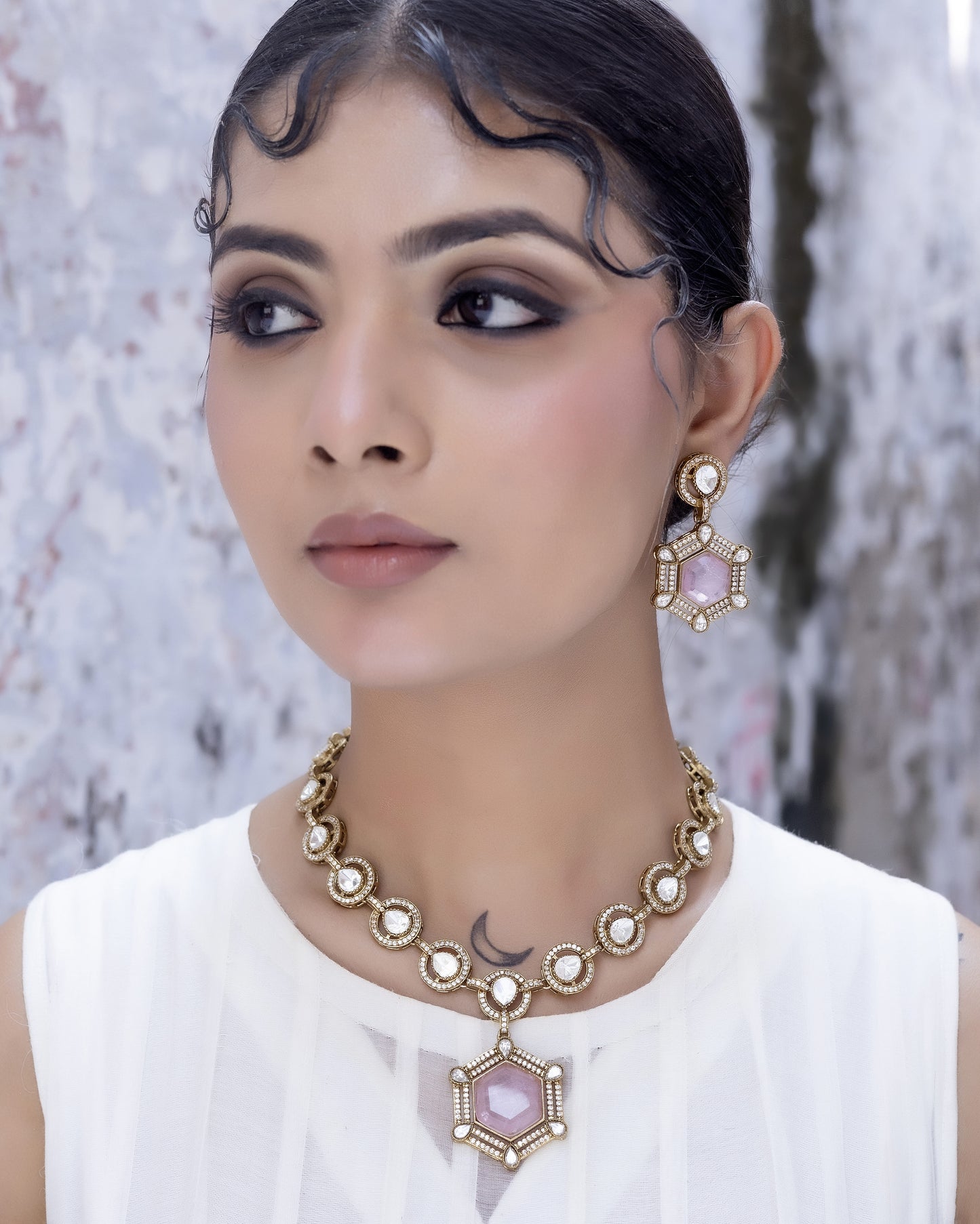 Rani - Rose Pink Long Polki Set With Earrings