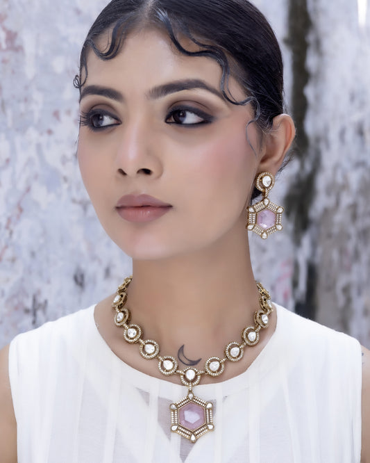 Rani - Rose Pink Long Polki Set With Earrings