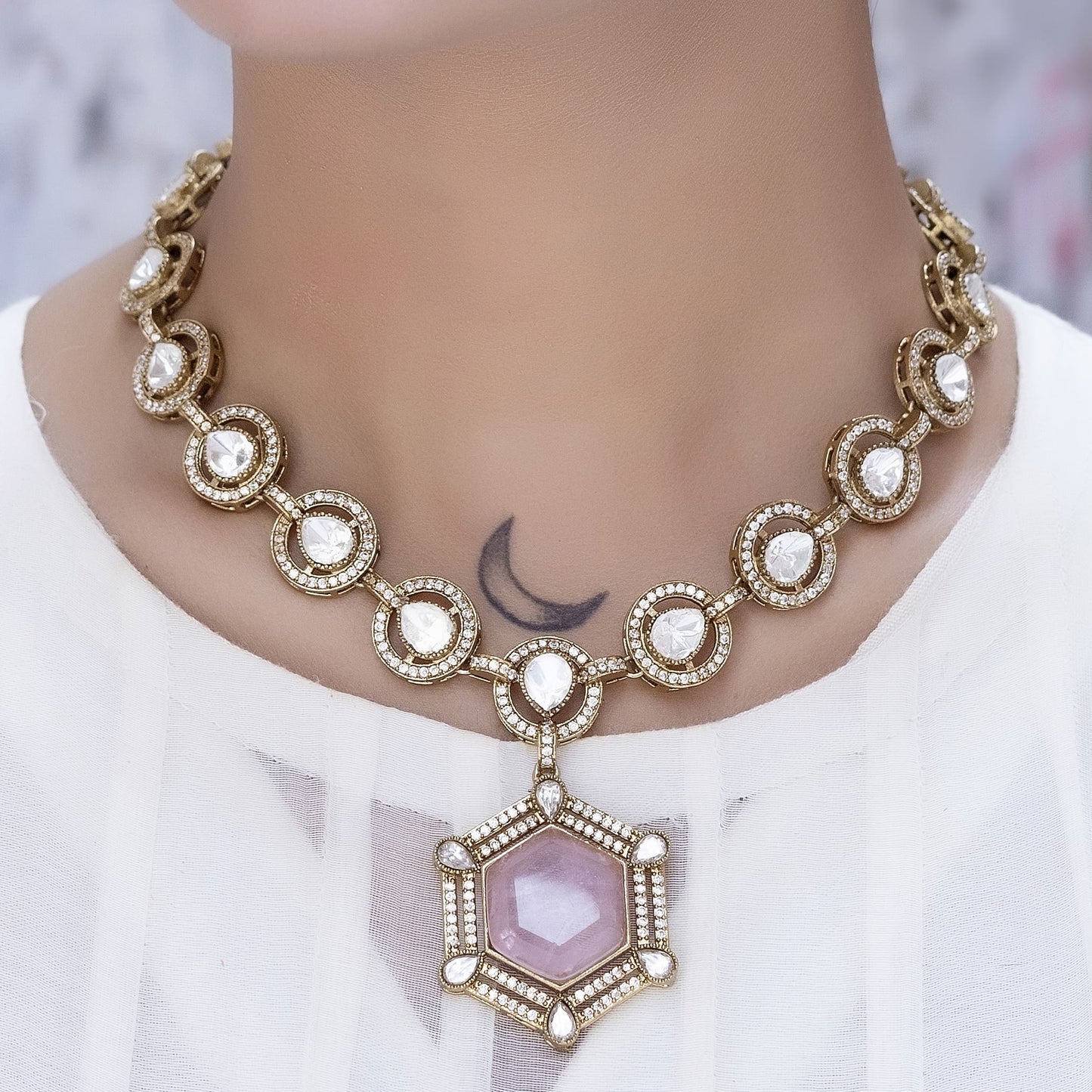 Rani - Rose Pink Long Polki Set With Earrings