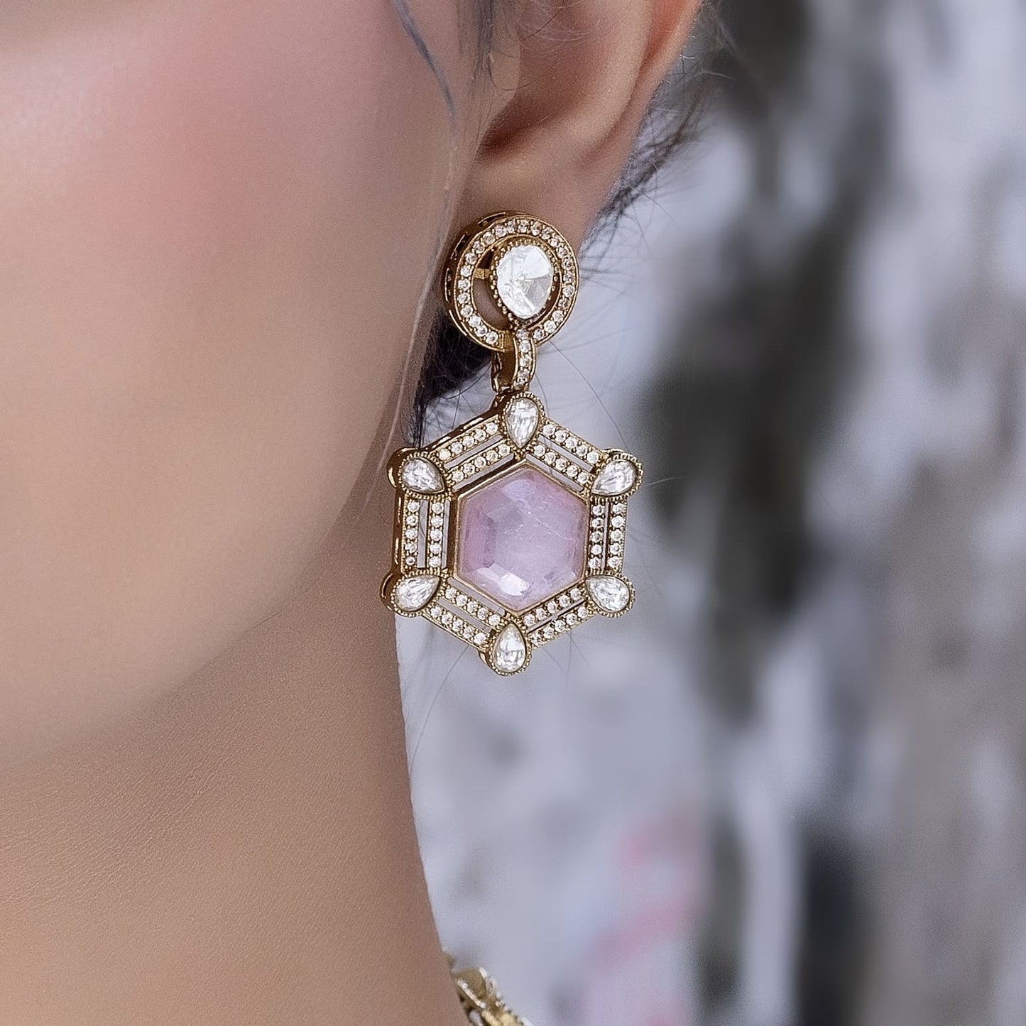 Rani - Rose Pink Long Polki Set With Earrings