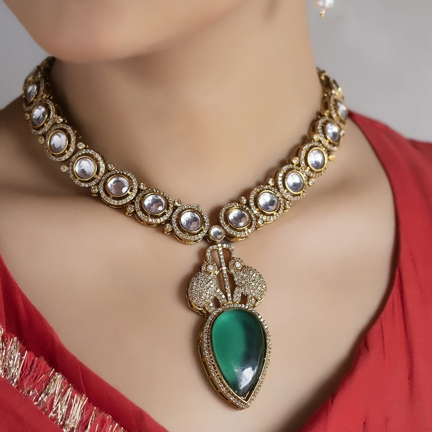 Rajwada - Traditional Green Long Polki Ensemble