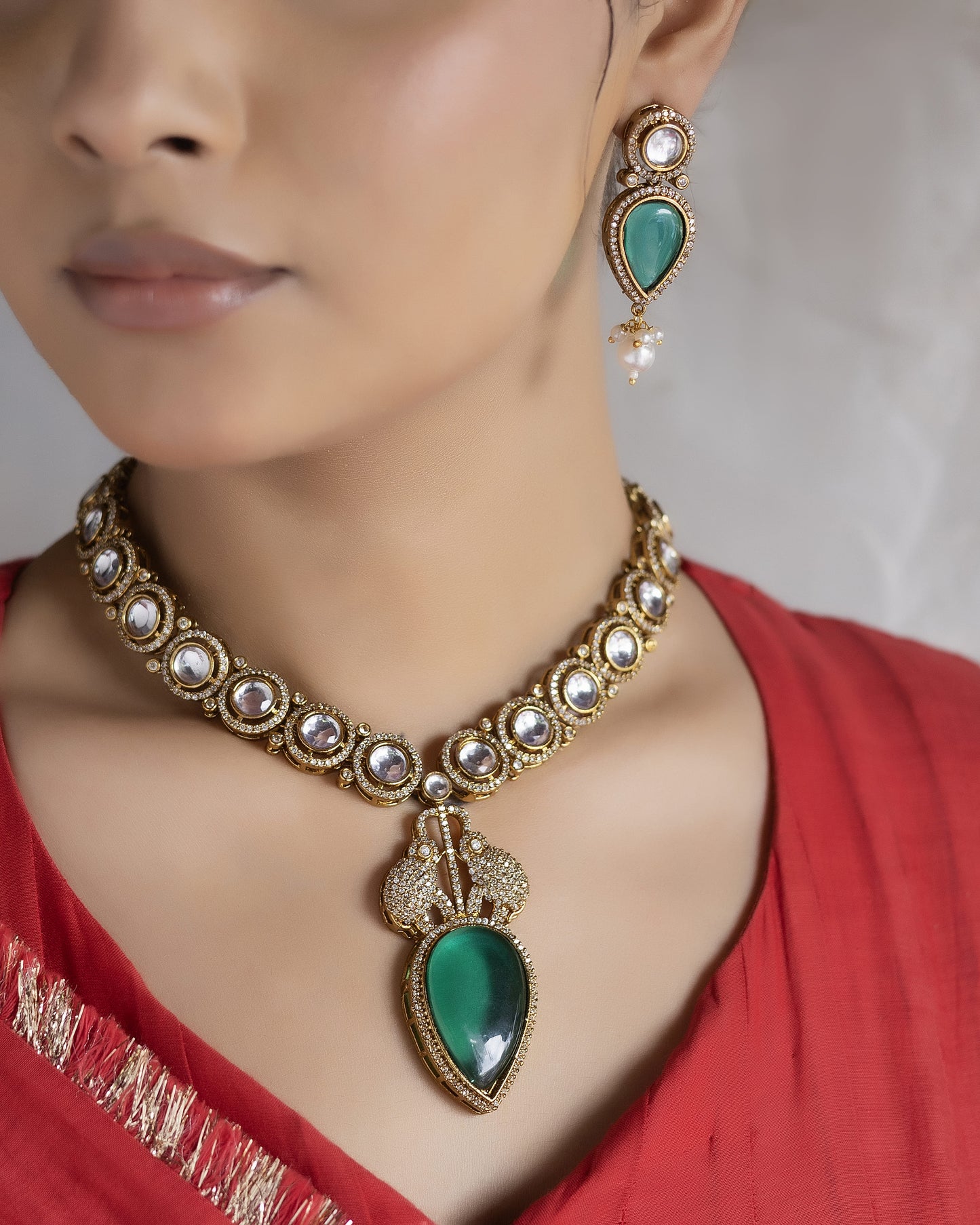 Rajwada - Traditional Green Long Polki Ensemble