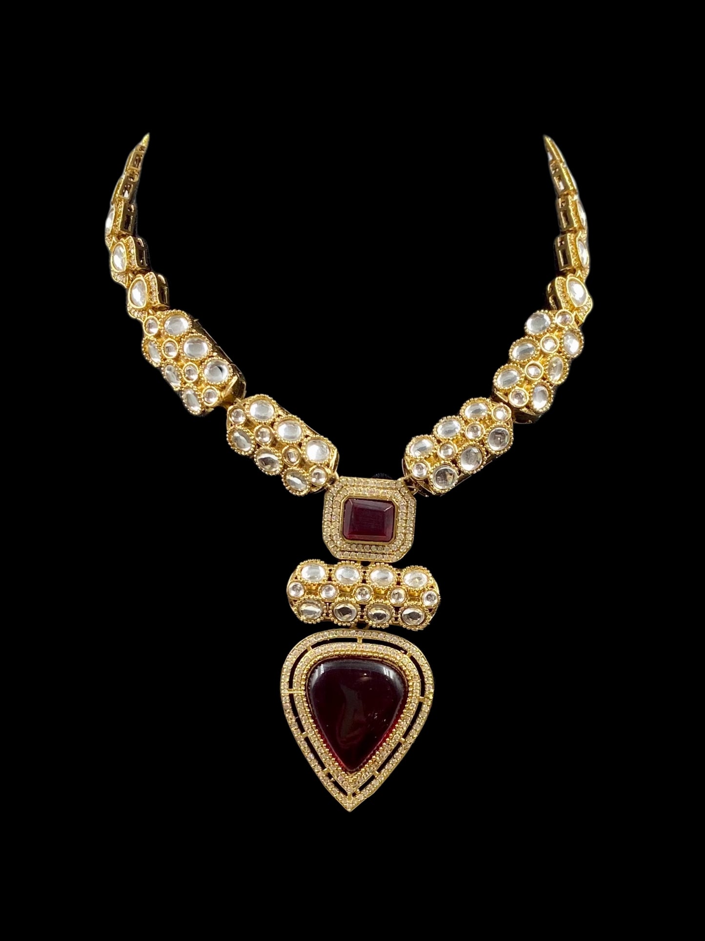 Padmini - Traditional Red Long Polki Set With Earrings