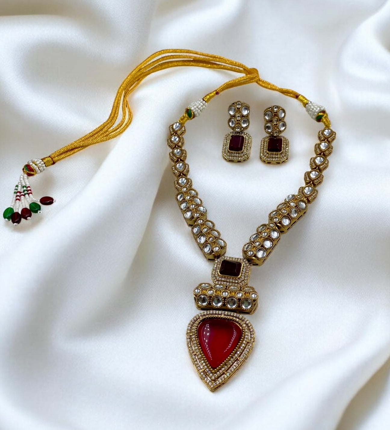 Padmini - Traditional Red Long Polki Set With Earrings