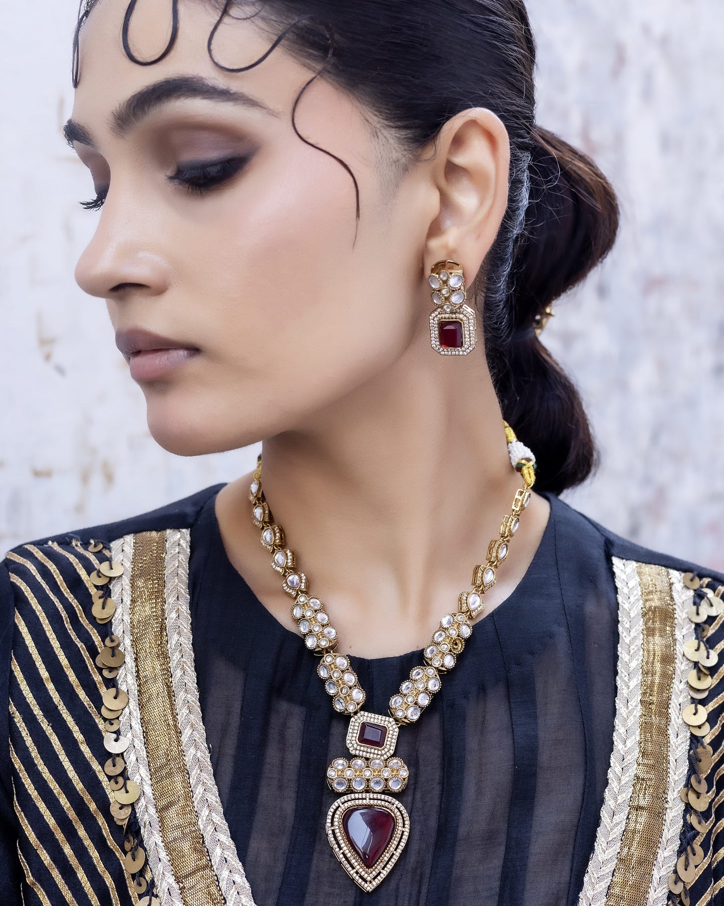 Padmini - Traditional Red Long Polki Set With Earrings