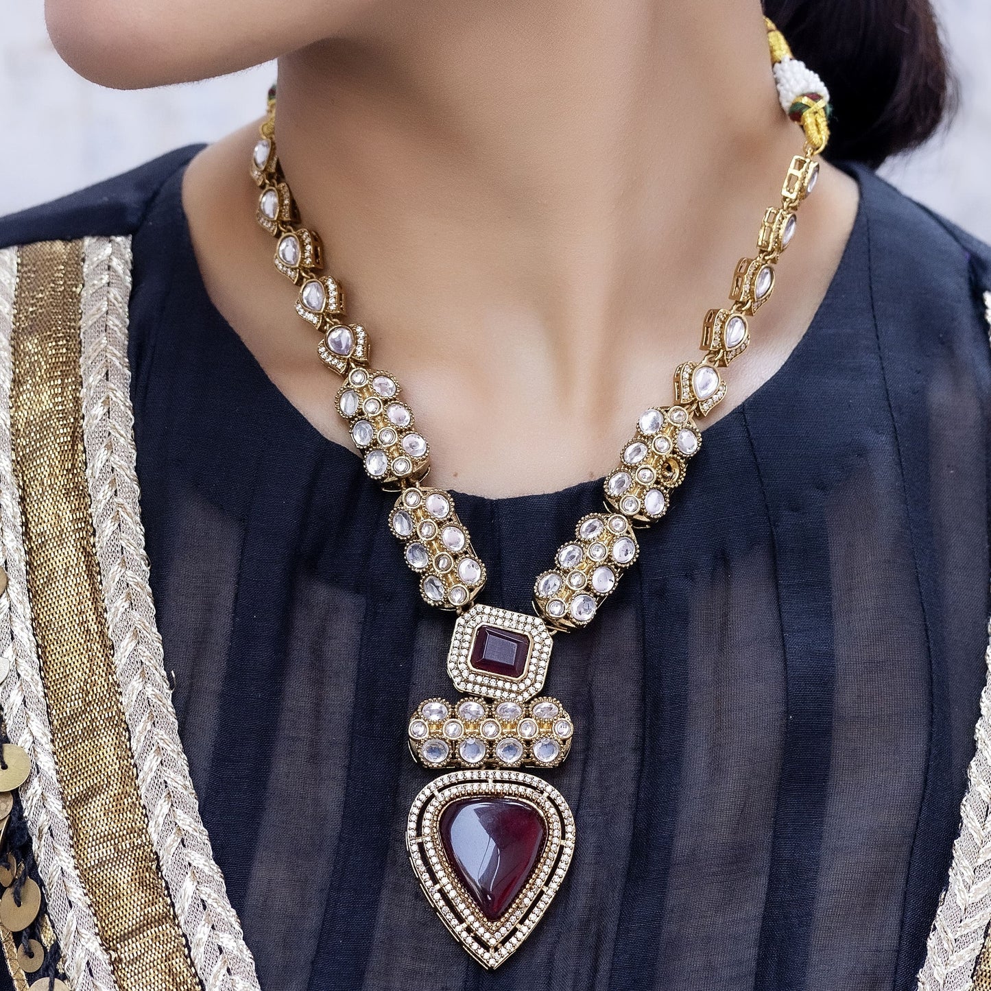 Padmini - Traditional Red Long Polki Set With Earrings