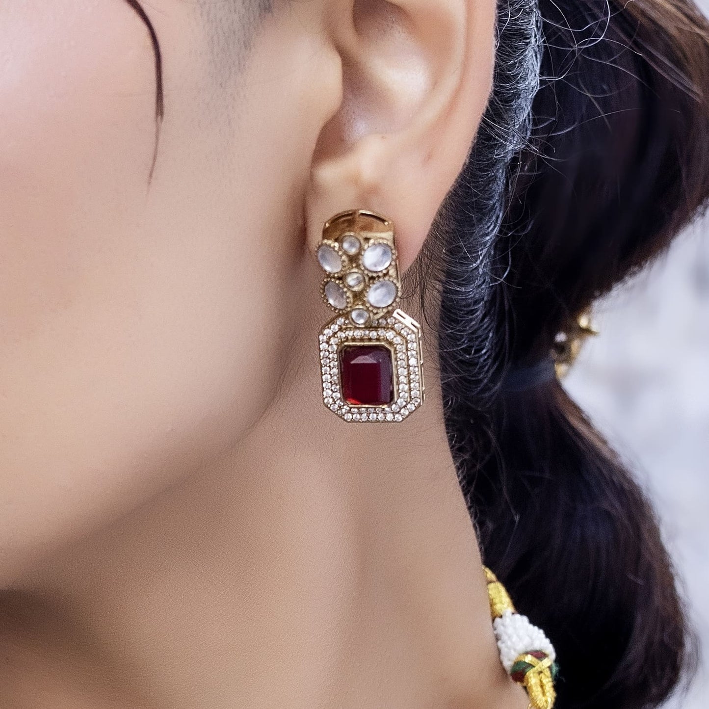 Padmini - Traditional Red Long Polki Set With Earrings