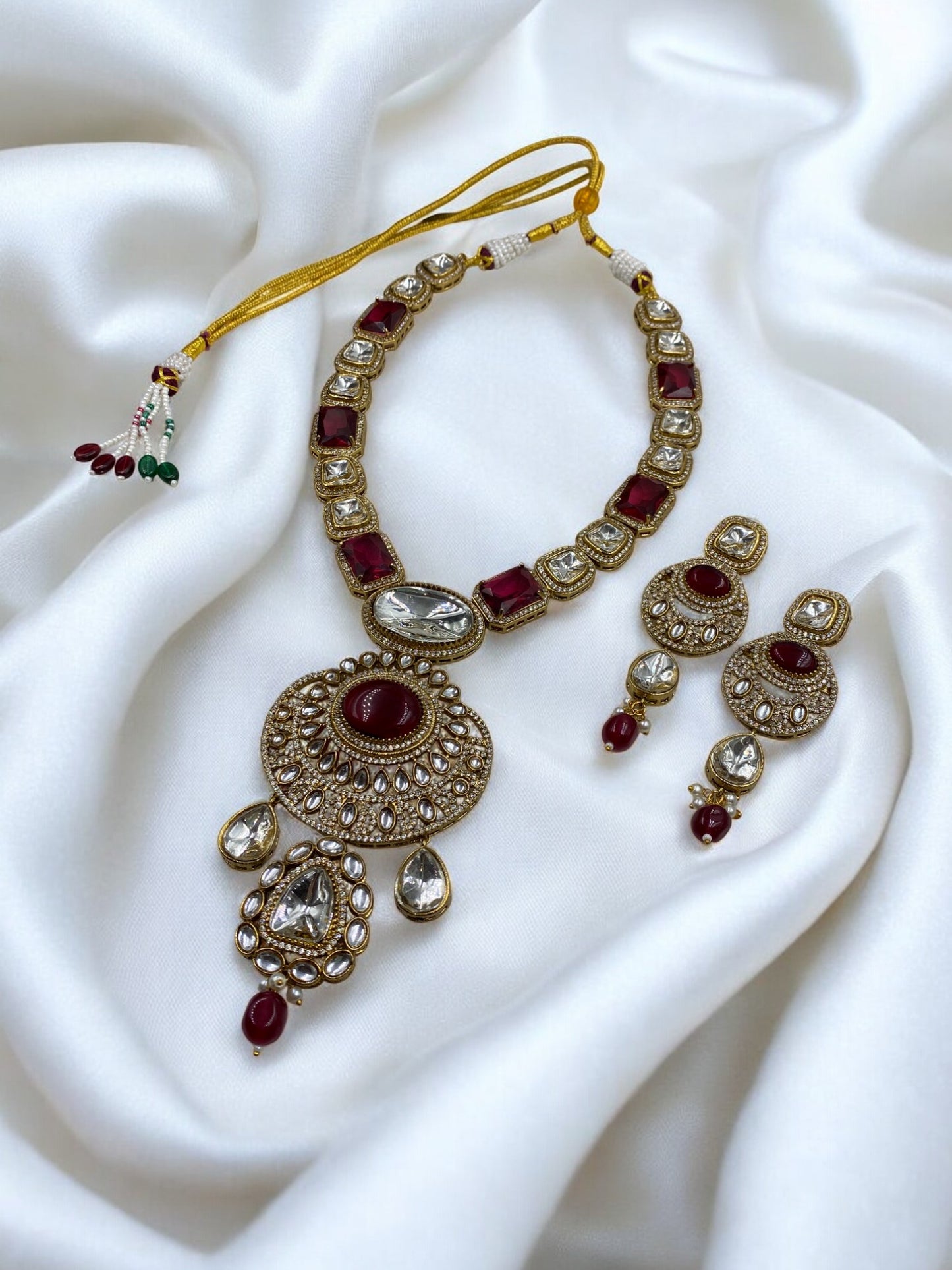 Rajputana - Traditional Red Long Polki Ensemble With Earrings